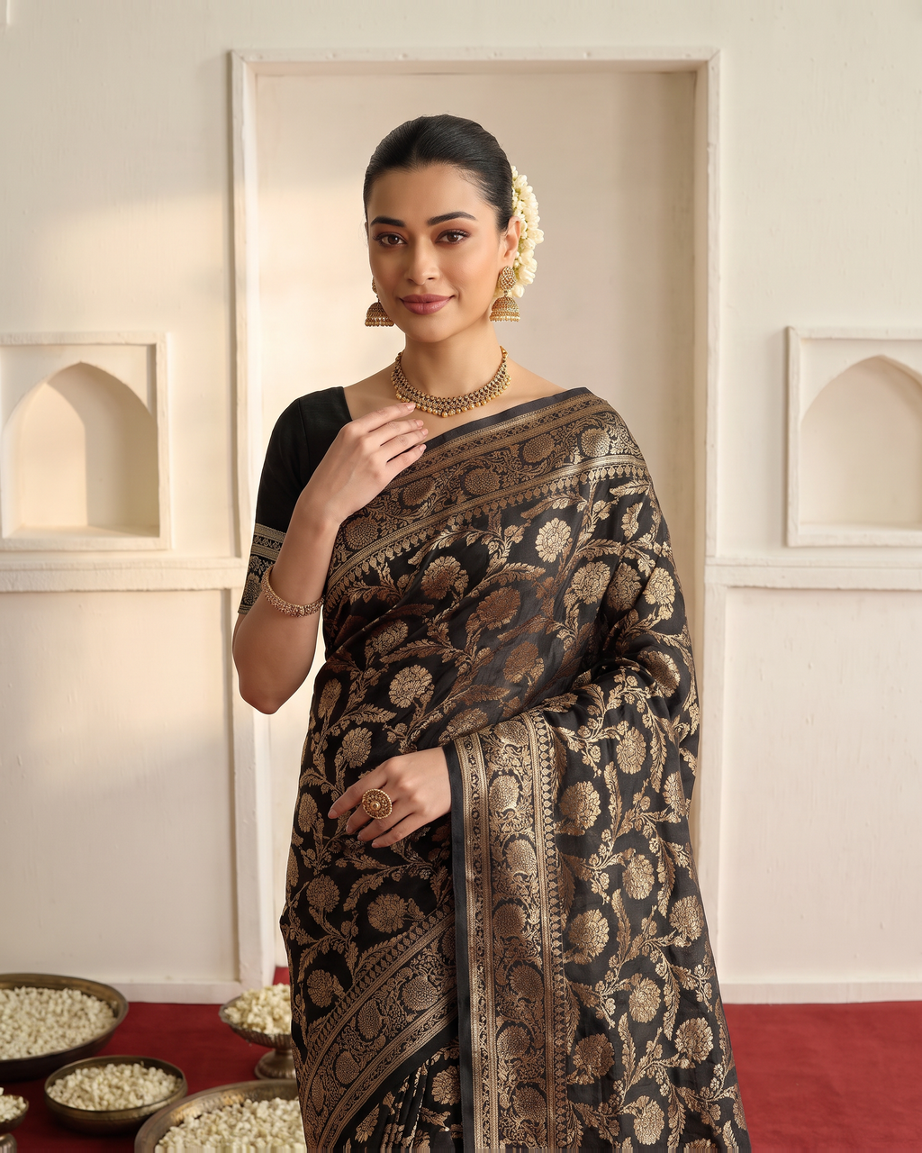 Gulnaar Grand Floral Vine Silk Saree - Black - upper closeup