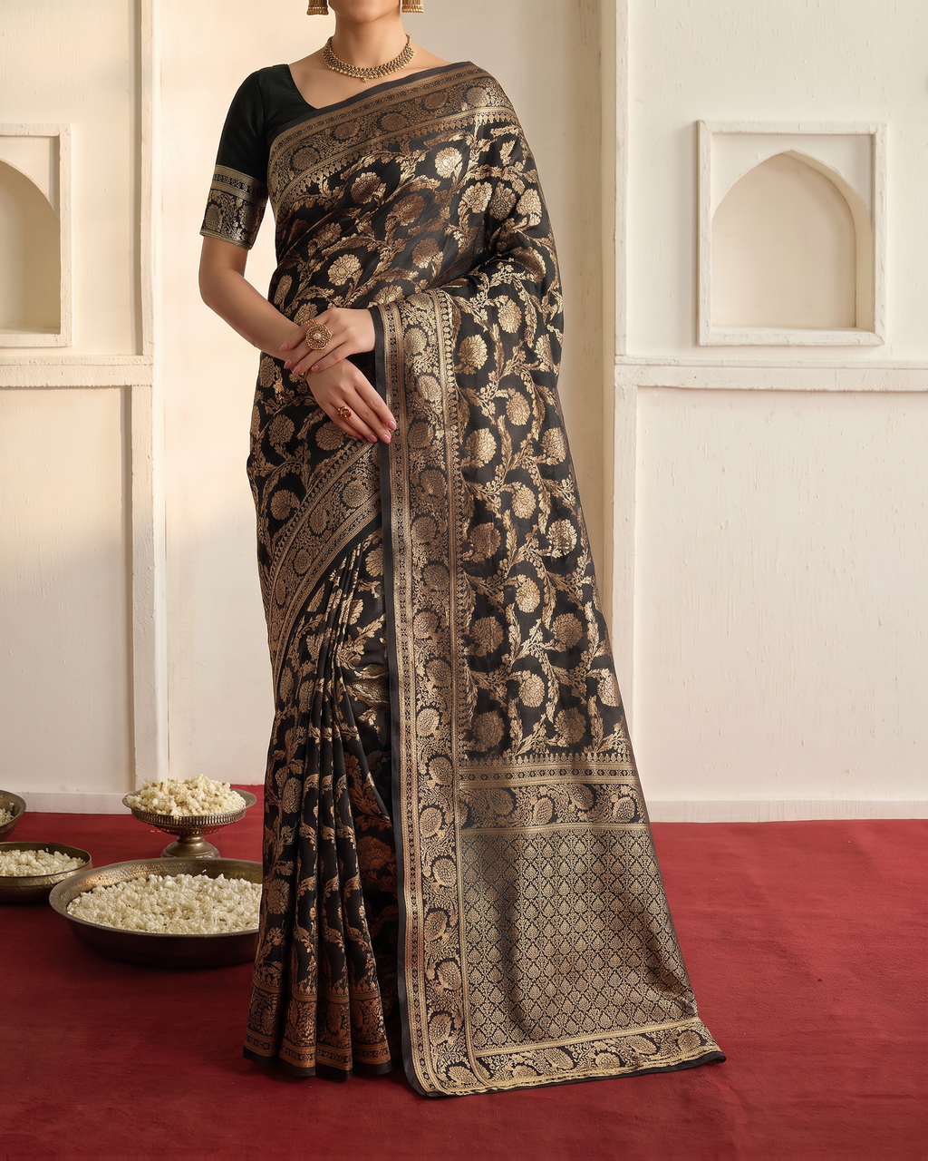Gulnaar Grand Floral Vine Silk Saree - Black - lower border closeup