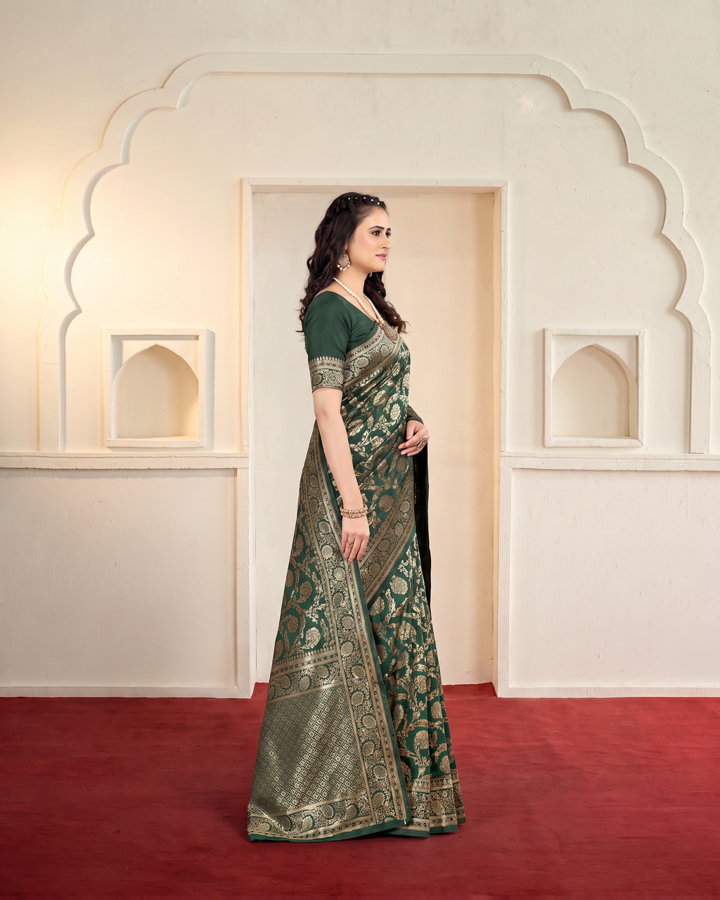 Gulnaar Grand Floral Vine Silk Saree - Dark Green - side drape