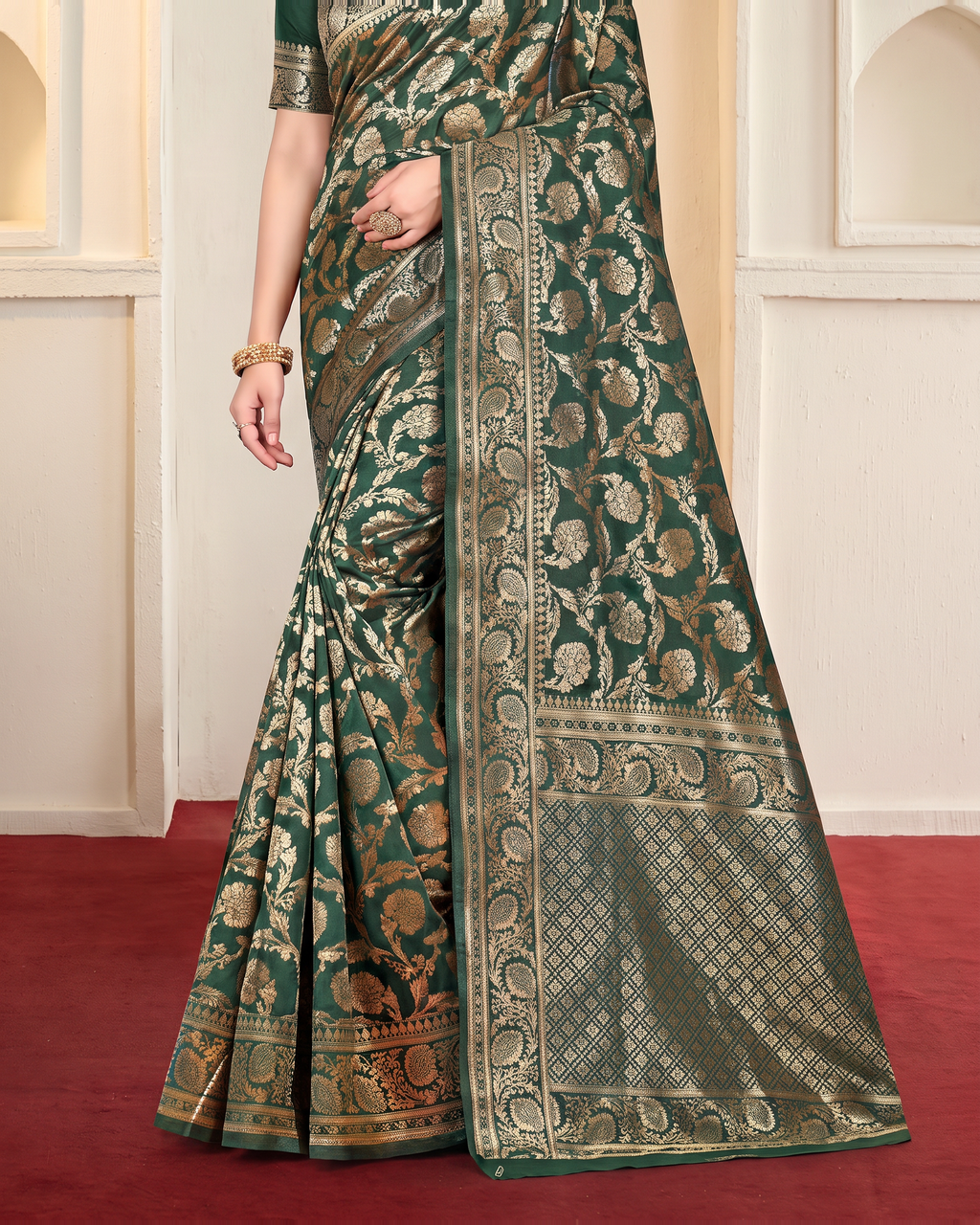 Gulnaar Grand Floral Vine Silk Saree - Dark Green - lower border closeup