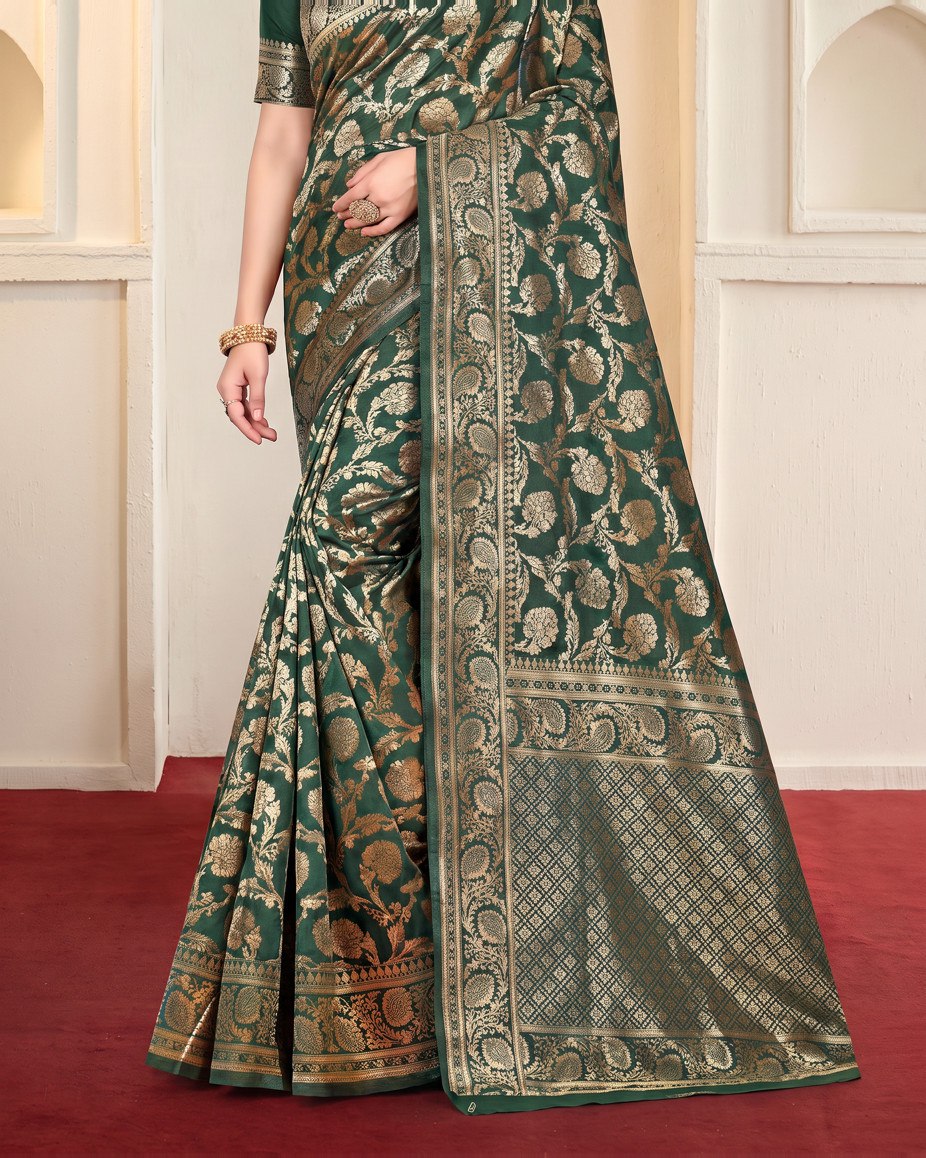 Gulnaar Grand Floral Vine Silk Saree - Dark Green - lower border closeup