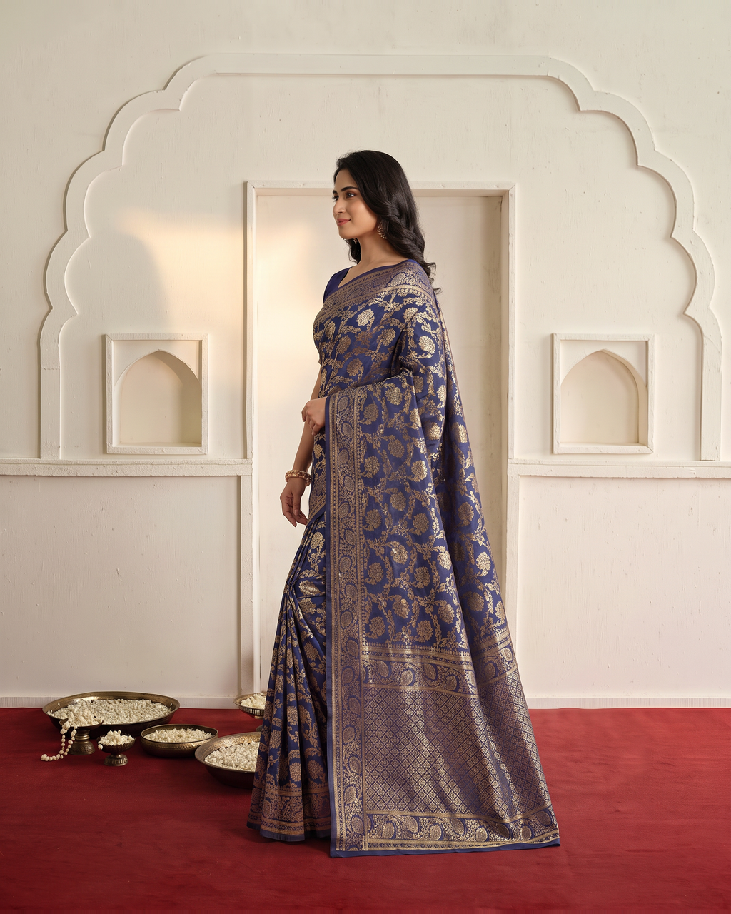 Gulnaar Grand Floral Vine Silk Saree - Navy Blue - side drape
