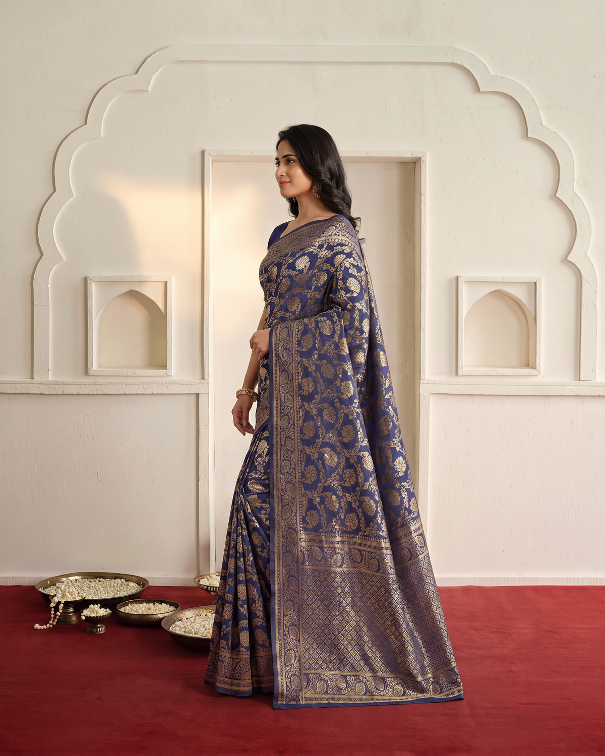 Gulnaar Grand Floral Vine Silk Saree - Navy Blue - side drape