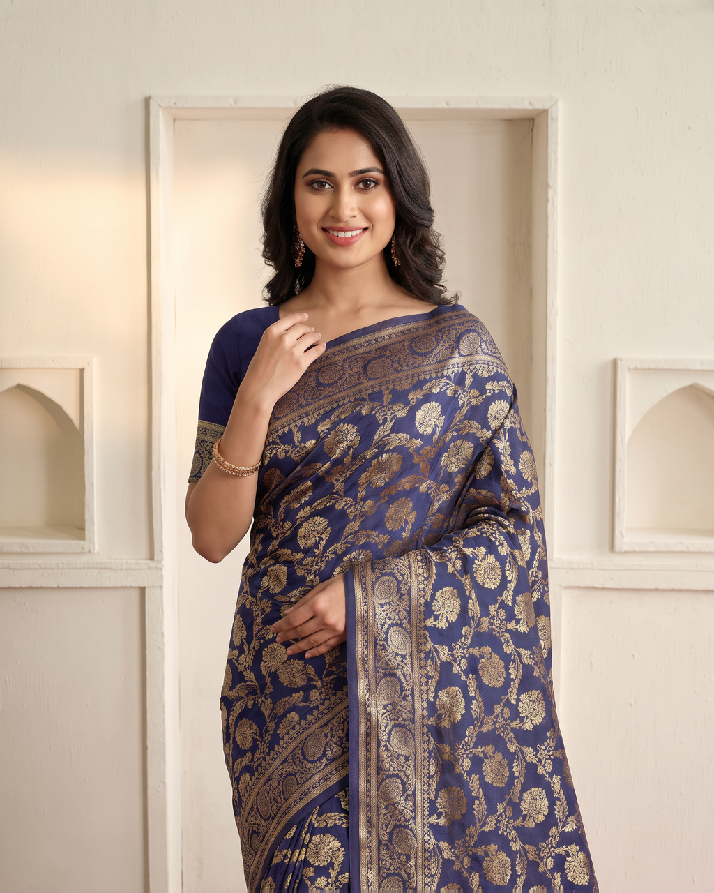 Gulnaar Grand Floral Vine Silk Saree - Navy Blue - upper closeup