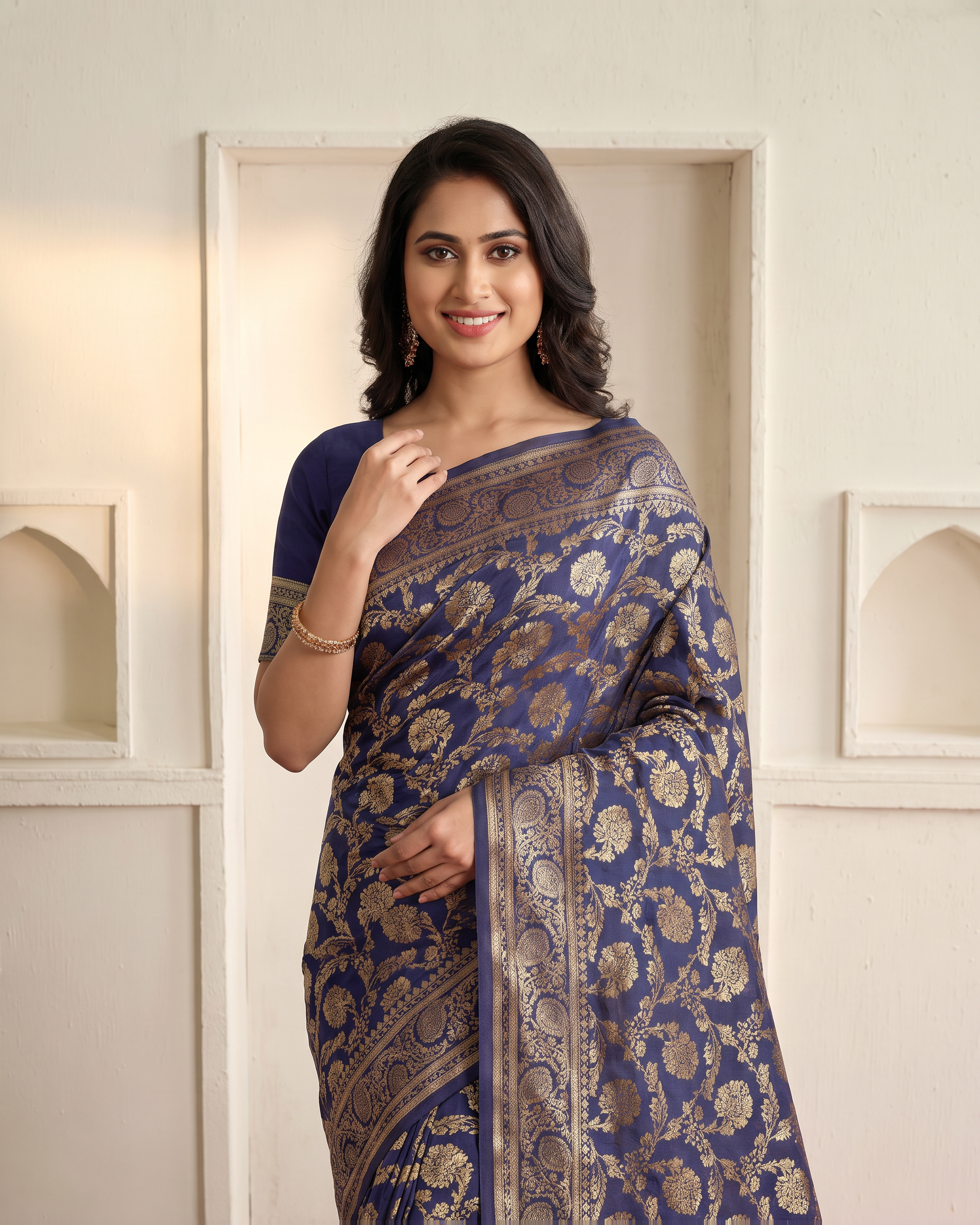 Gulnaar Grand Floral Vine Silk Saree - Navy Blue - upper closeup