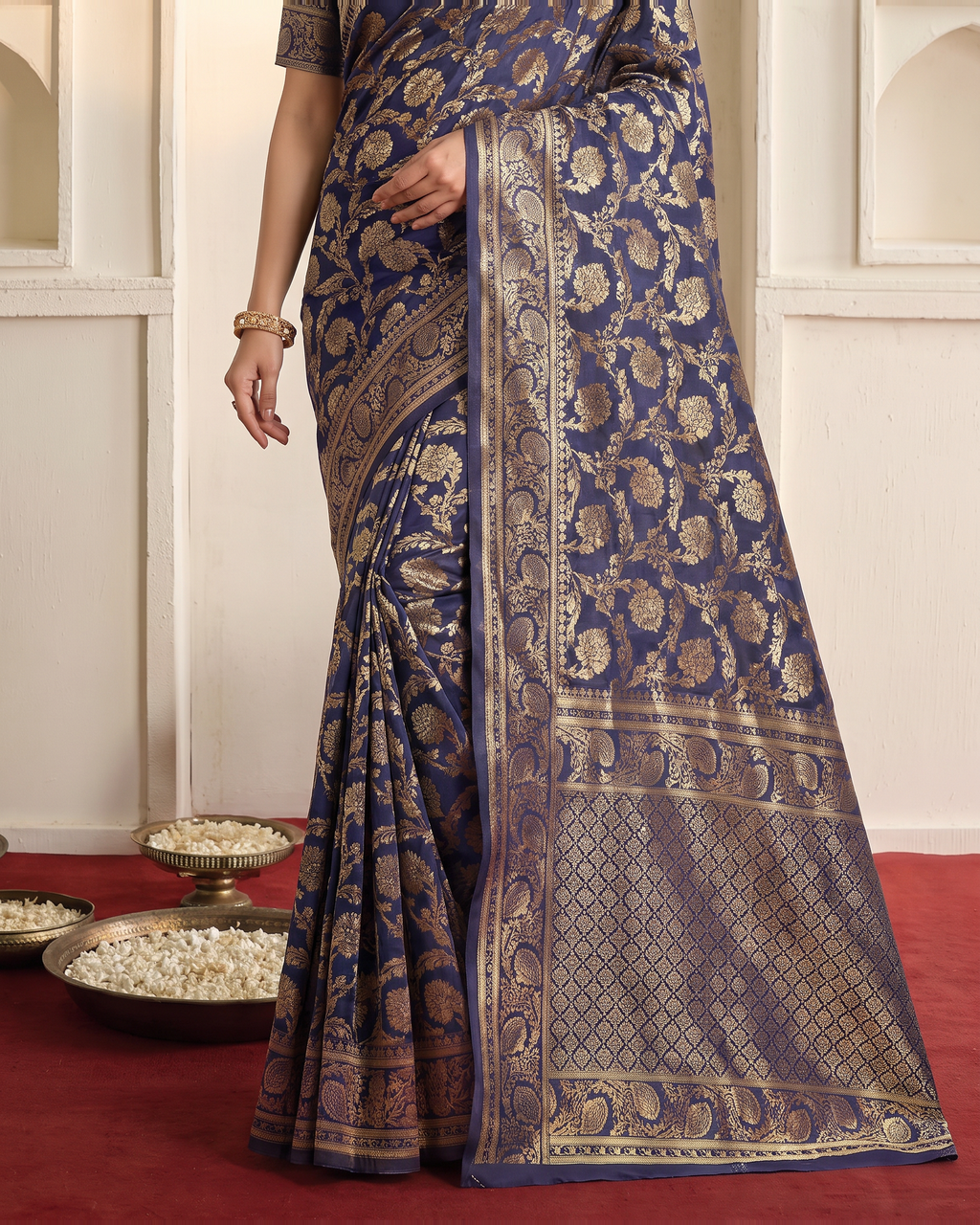 Gulnaar Grand Floral Vine Silk Saree - Navy Blue - lower border closeup