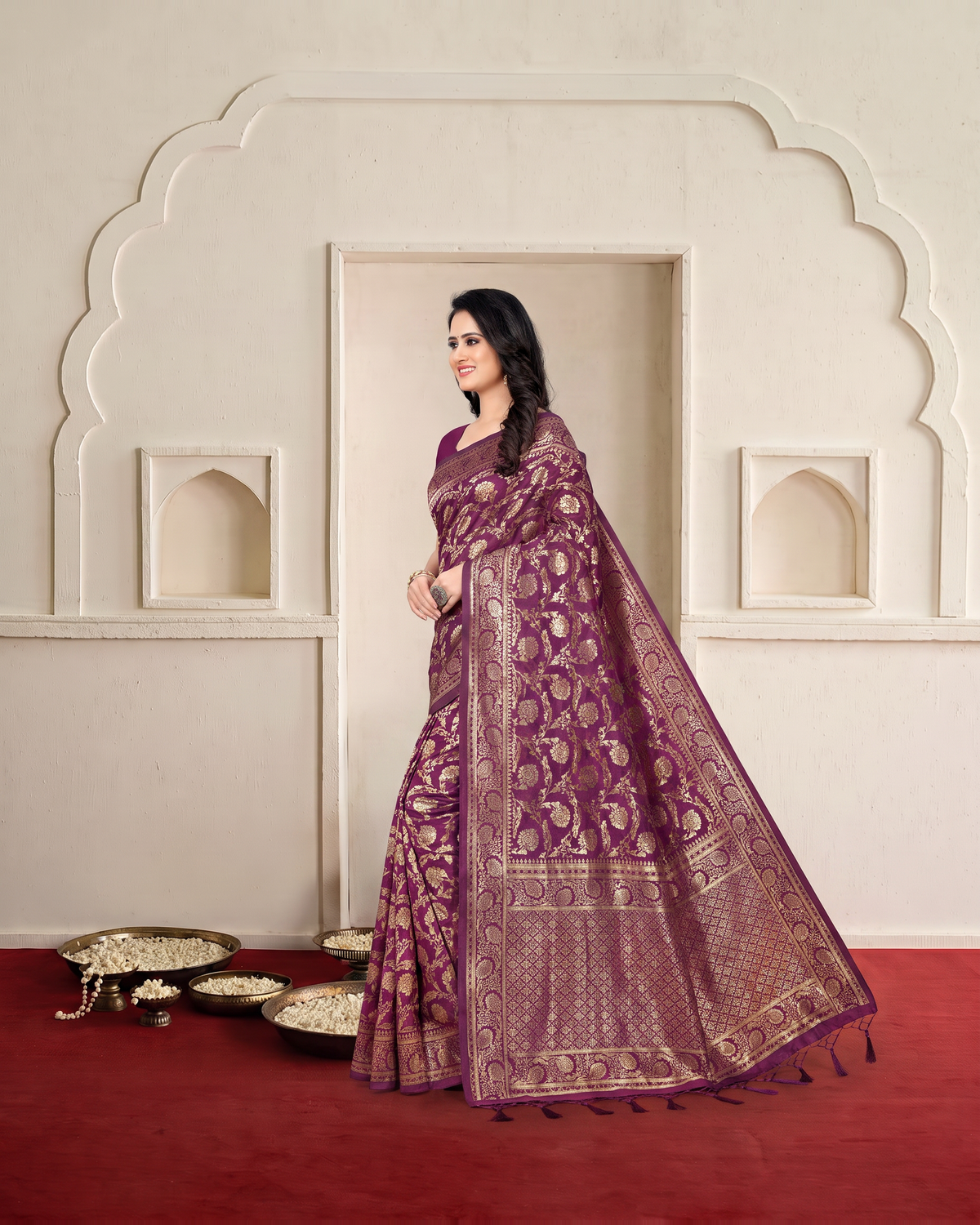 Gulnaar Grand Floral Vine Silk Saree - Purple - side drape