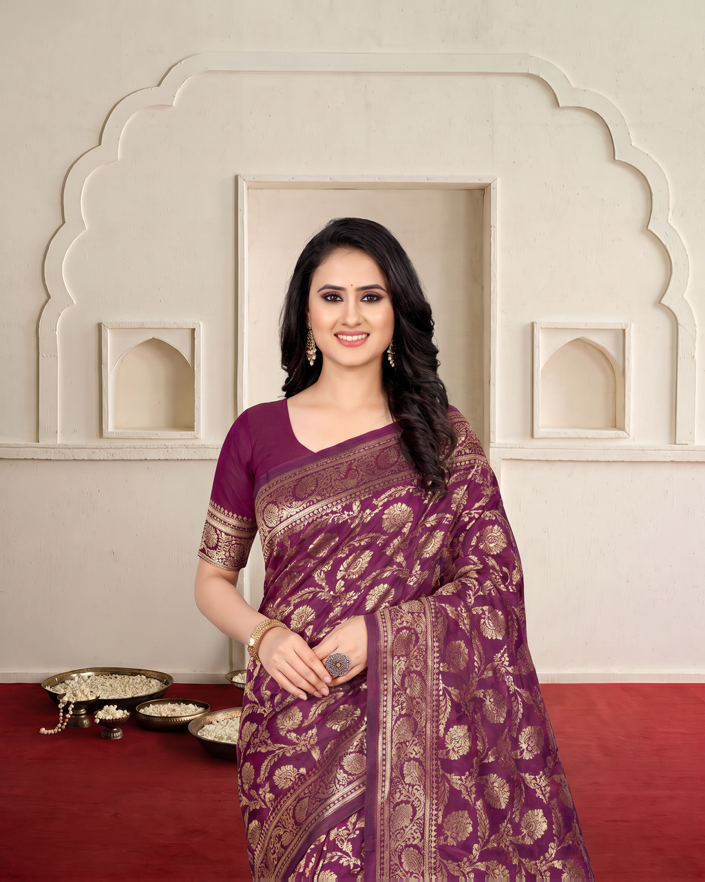 Gulnaar Grand Floral Vine Silk Saree - Purple - upper closeup