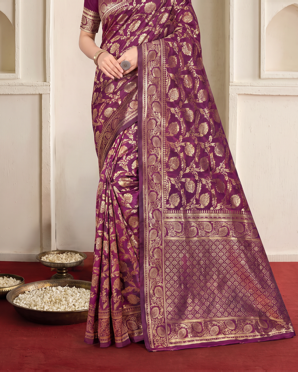 Gulnaar Grand Floral Vine Silk Saree - Purple - lower border closeup