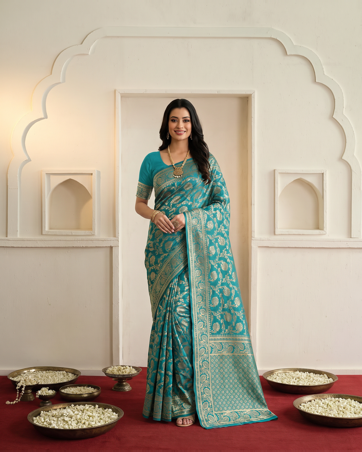 Gulnaar Grand Floral Vine Silk Saree - Rama Green - full saree hero