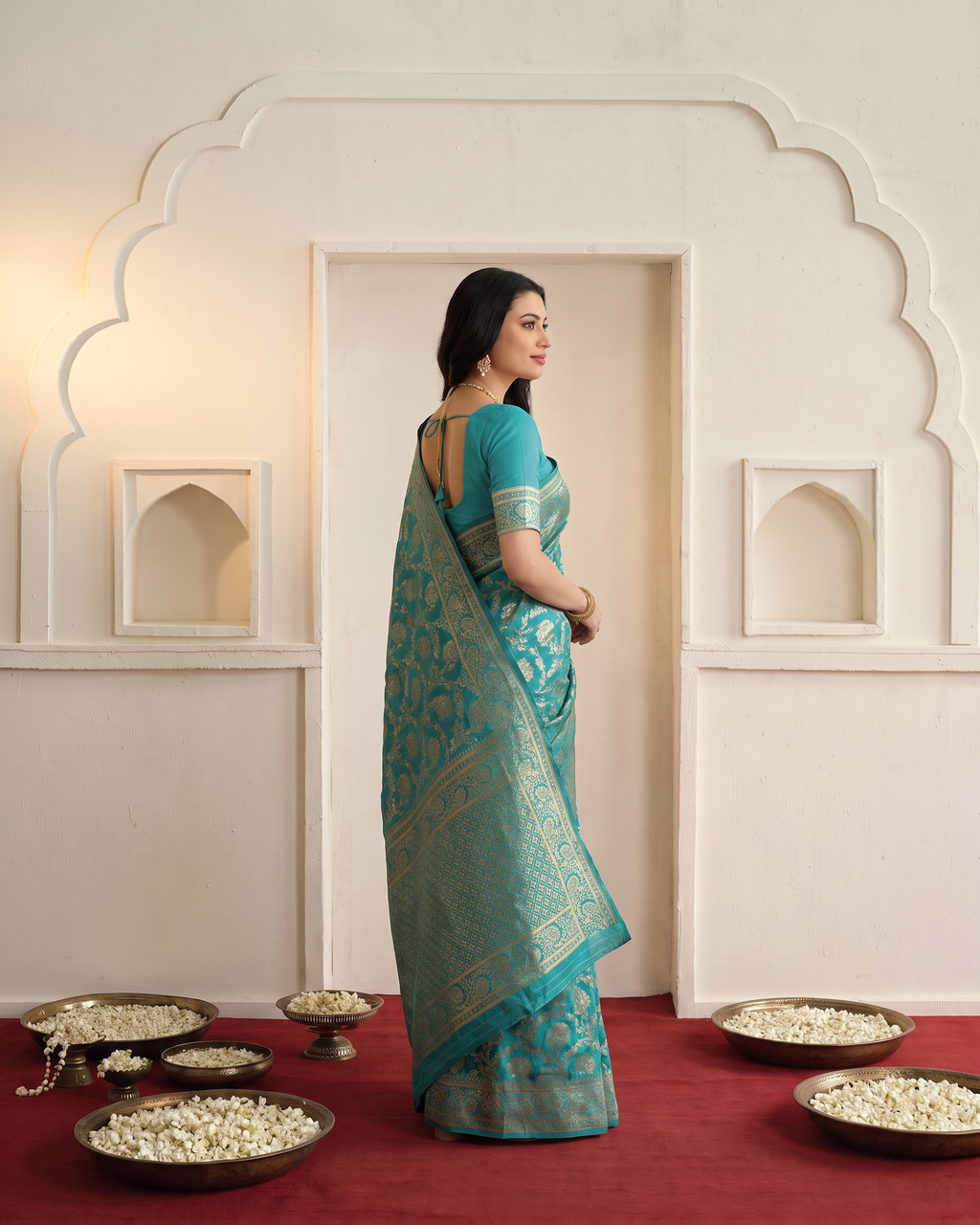 Gulnaar Grand Floral Vine Silk Saree - Rama Green - side drape