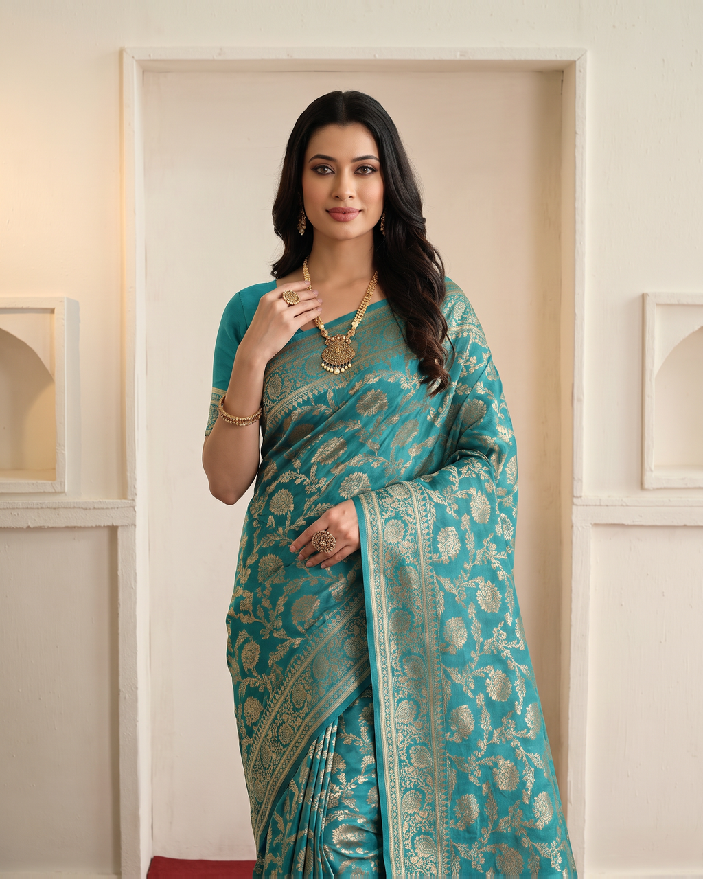 Gulnaar Grand Floral Vine Silk Saree - Rama Green - upper closeup