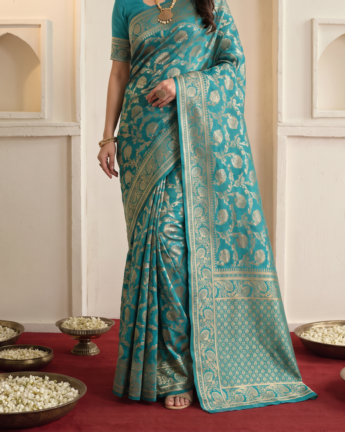 Gulnaar Grand Floral Vine Silk Saree - Rama Green - lower border closeup