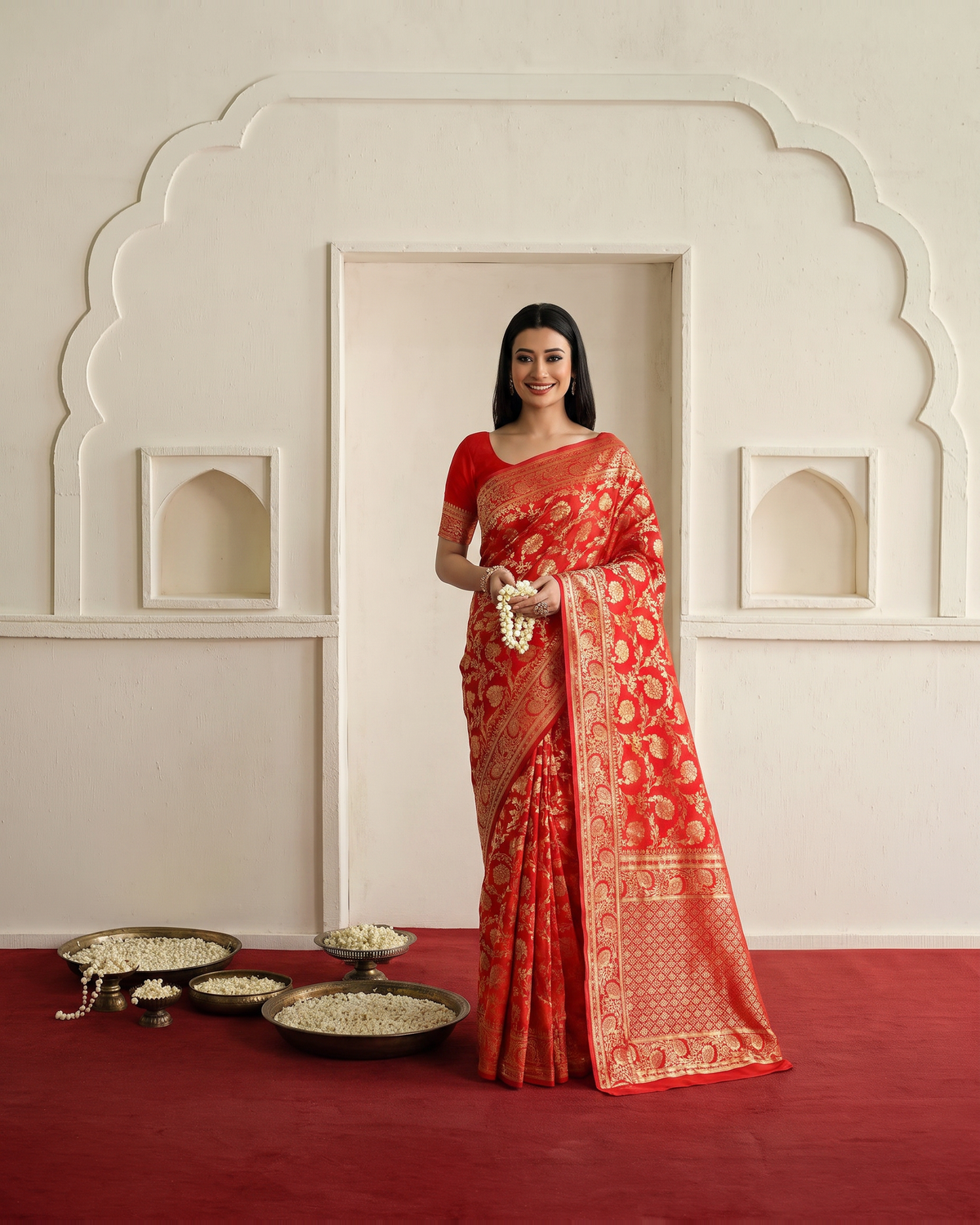 Gulnaar Grand Floral Vine Silk Saree - Red - full saree hero
