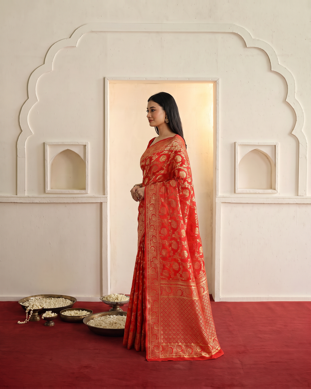 Gulnaar Grand Floral Vine Silk Saree - Red - side drape