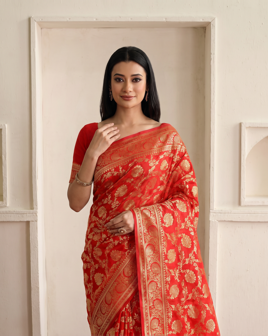 Gulnaar Grand Floral Vine Silk Saree - Red - upper closeup