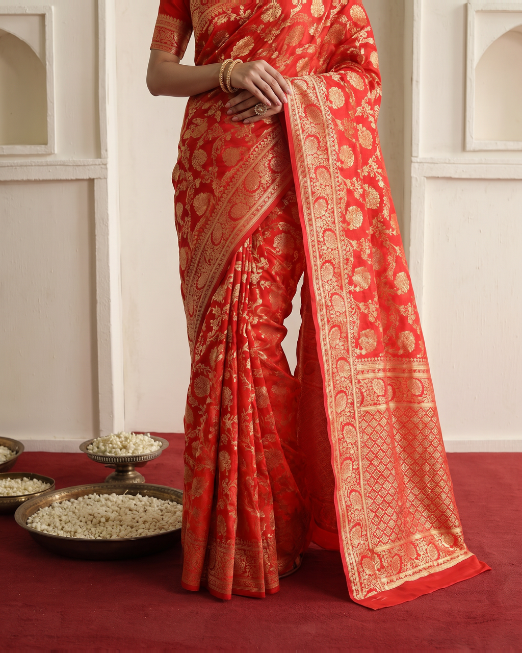 Gulnaar Grand Floral Vine Silk Saree - Red - lower border closeup