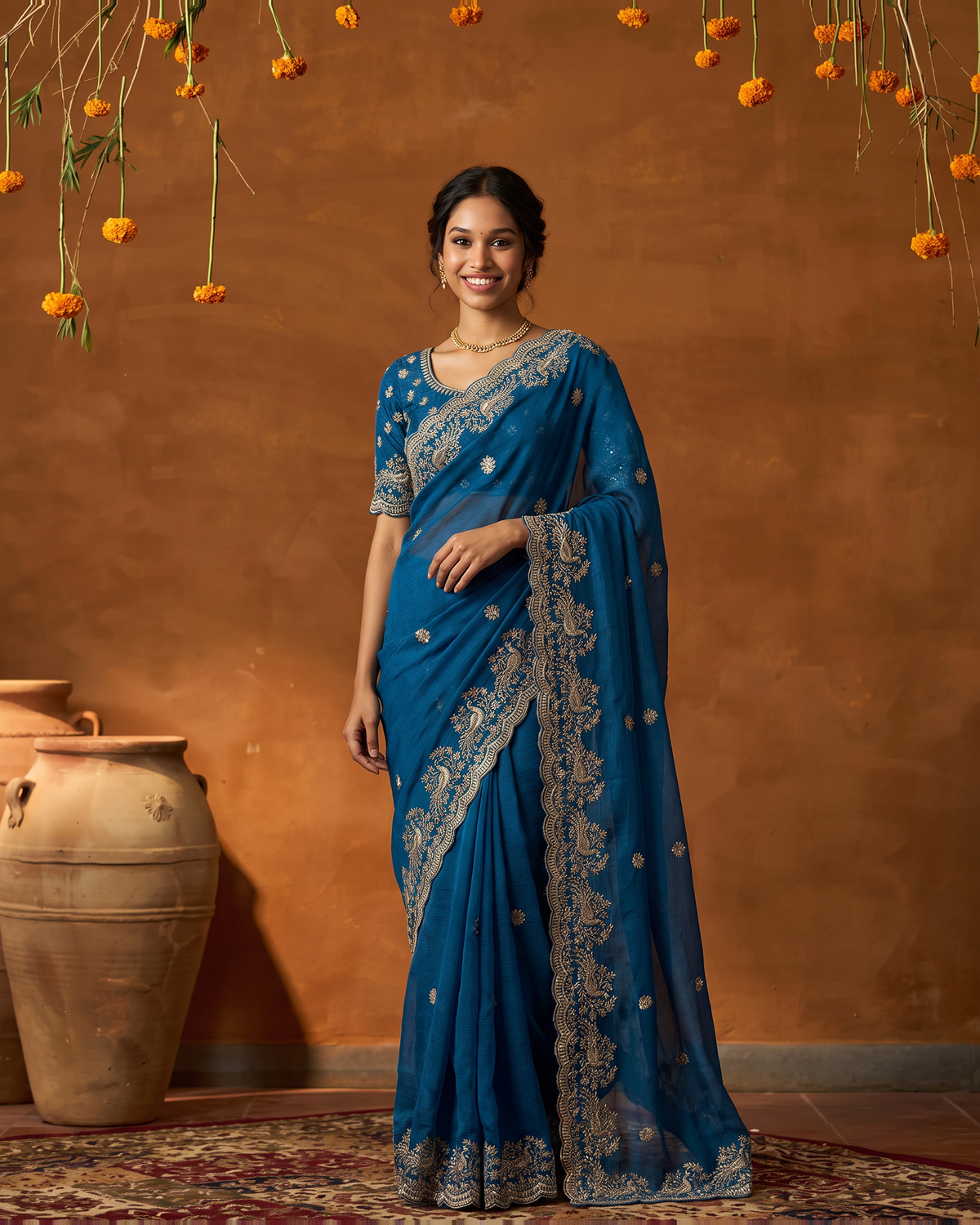 Sudeeksha Delicate Butti Festive Saree with Embroidered Edge - Blue - full saree hero