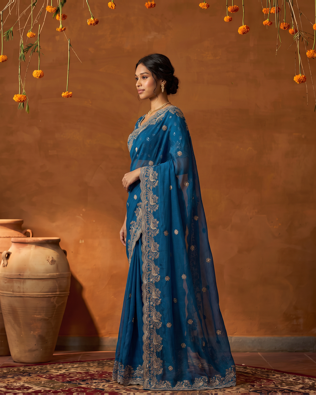 Sudeeksha Delicate Butti Festive Saree with Embroidered Edge - Blue - side