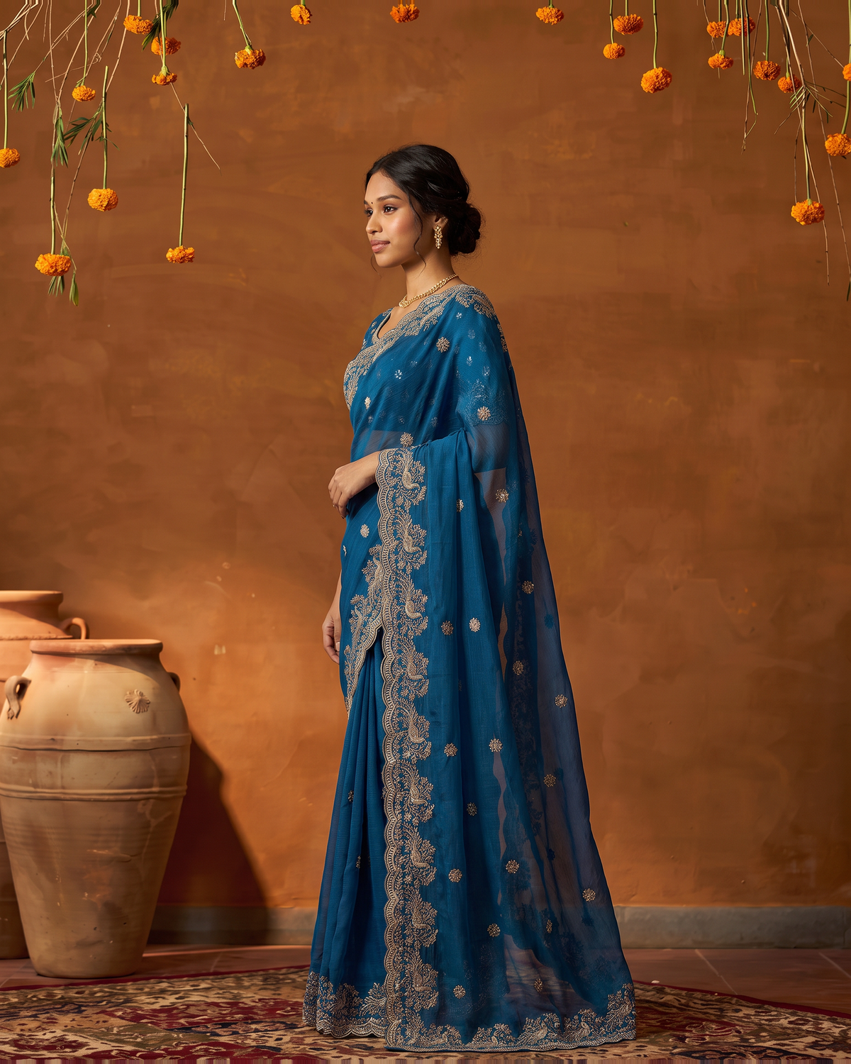 Sudeeksha Delicate Butti Festive Saree with Embroidered Edge - Blue - side