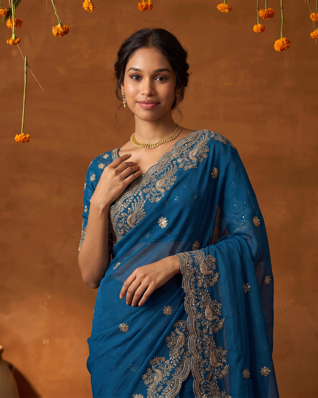 Sudeeksha Delicate Butti Festive Saree with Embroidered Edge - Blue - upper closeup