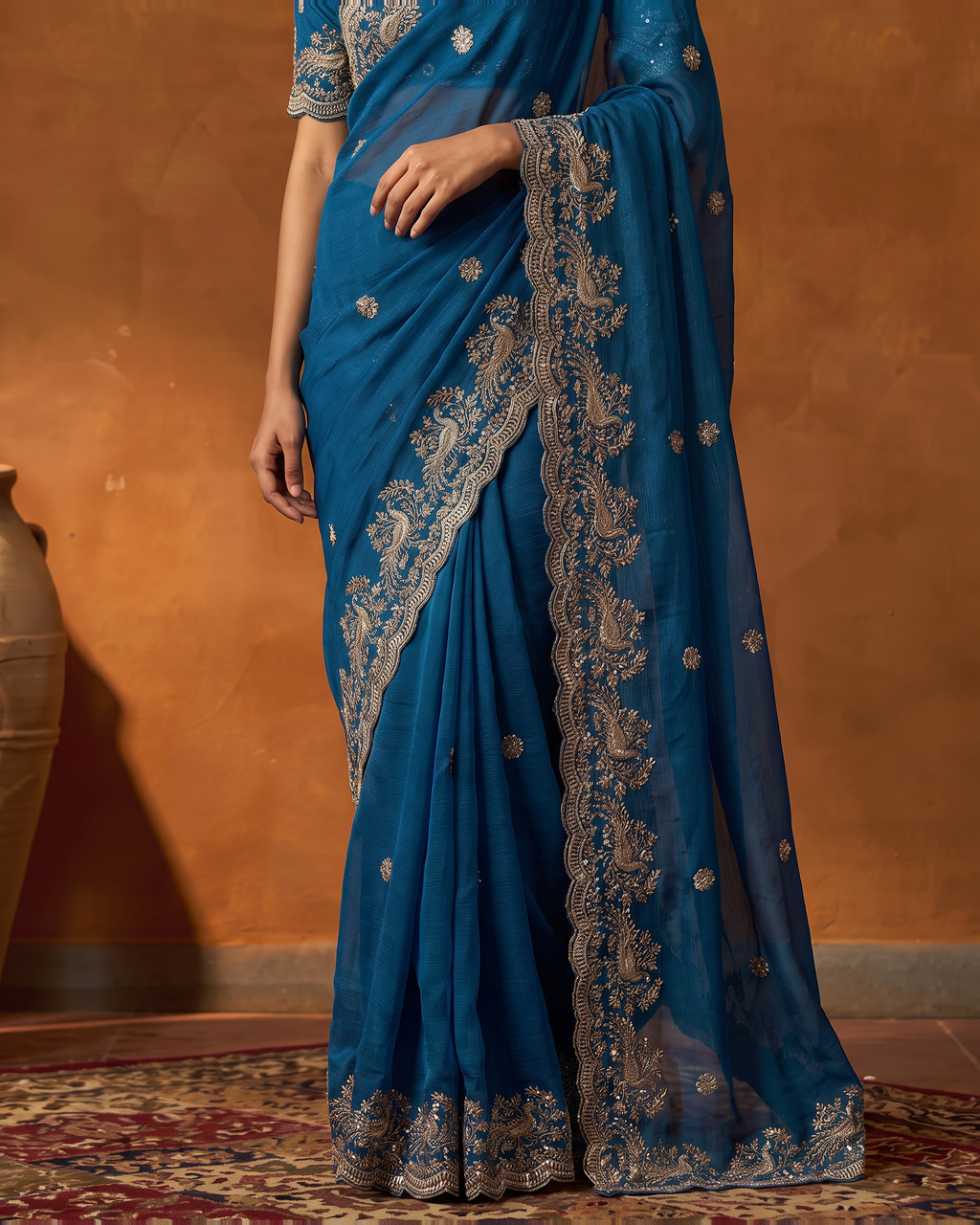 Sudeeksha Delicate Butti Festive Saree with Embroidered Edge - Blue - lower closeup
