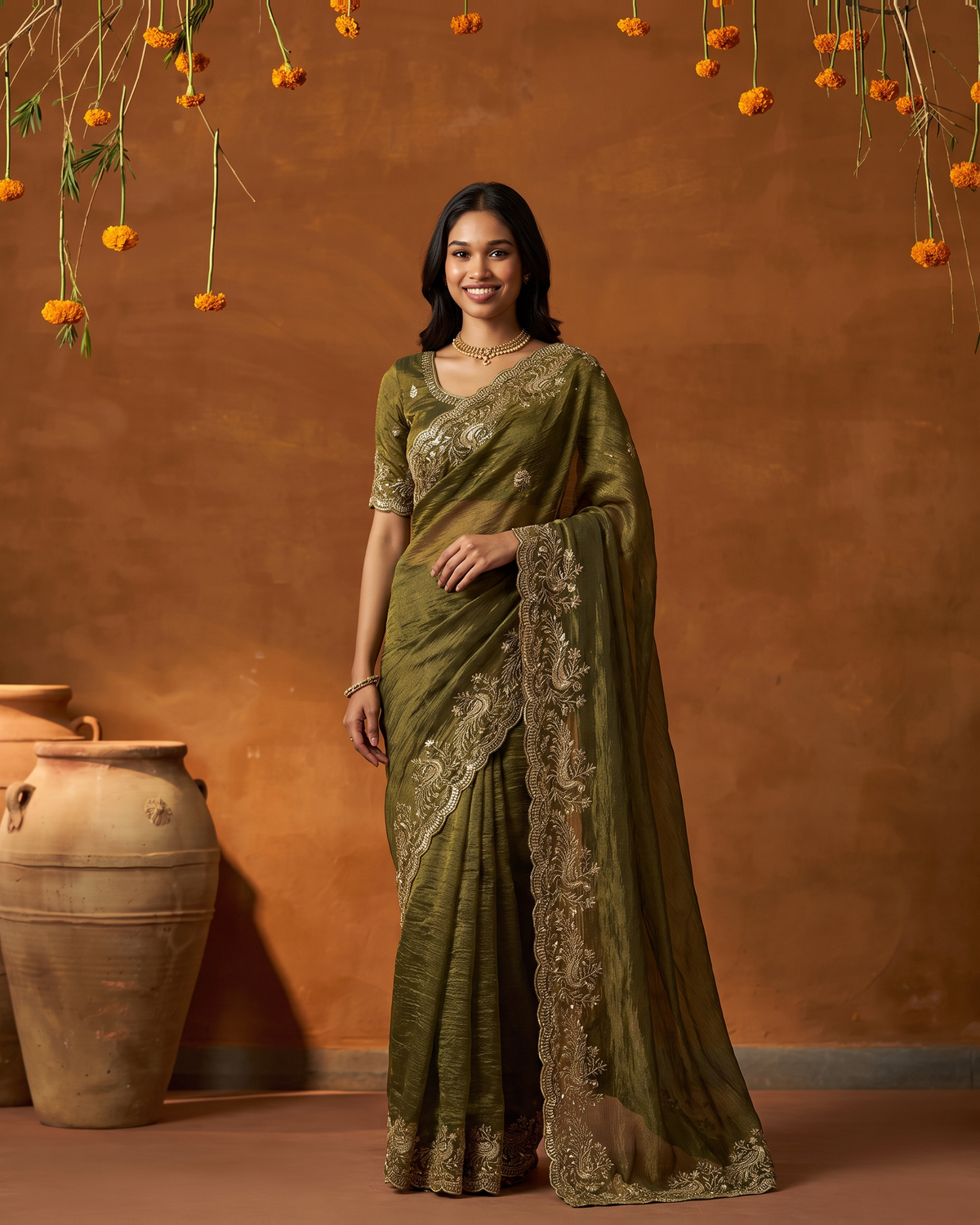 Sudeeksha Delicate Butti Festive Saree with Embroidered Edge - Mehendi - full saree hero