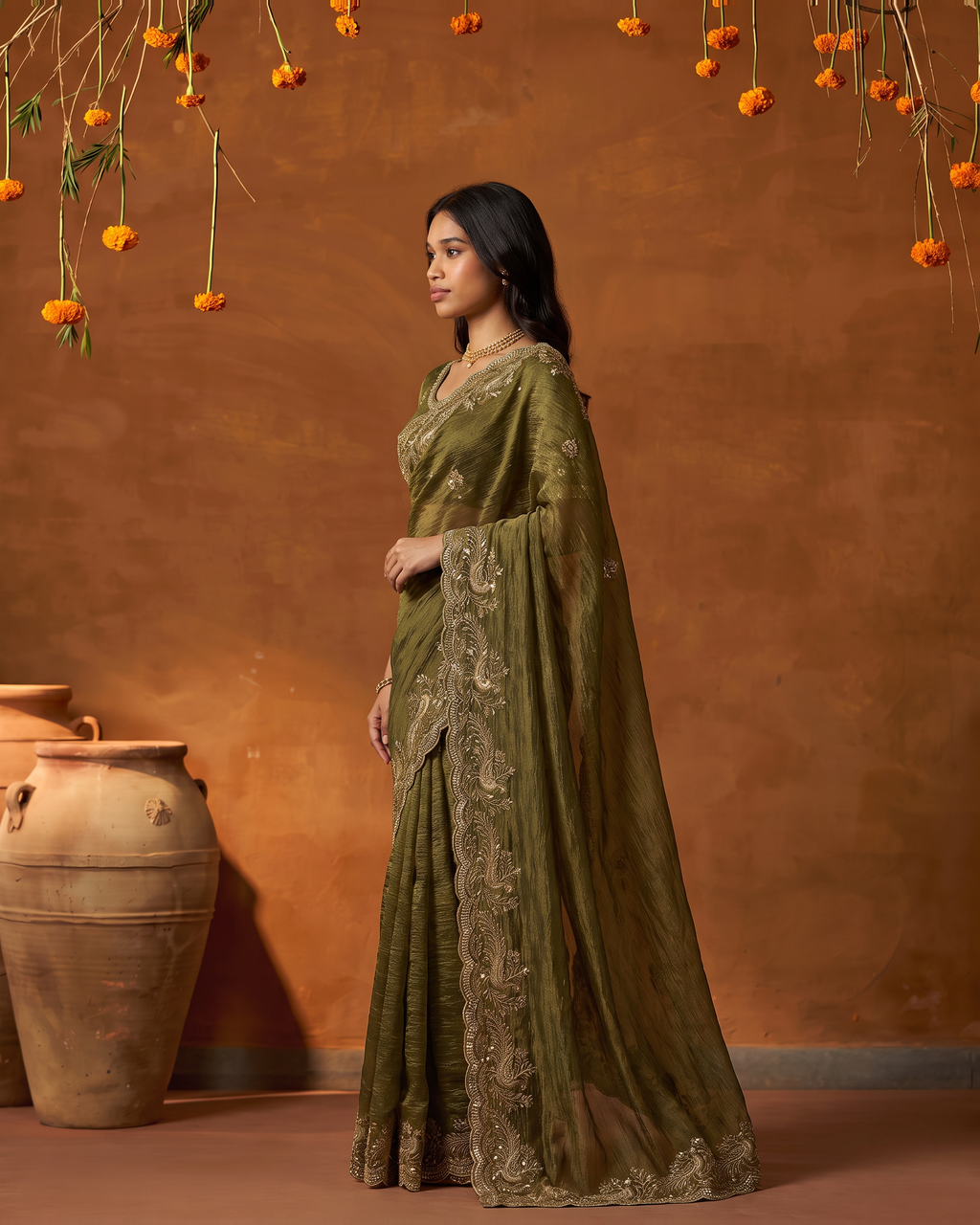 Sudeeksha Delicate Butti Festive Saree with Embroidered Edge - Mehendi - side