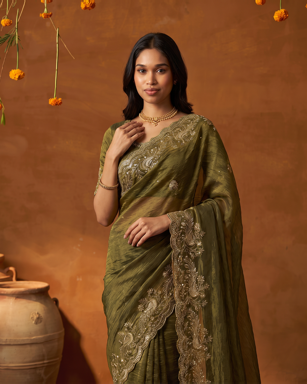 Sudeeksha Delicate Butti Festive Saree with Embroidered Edge - Mehendi - upper closeup