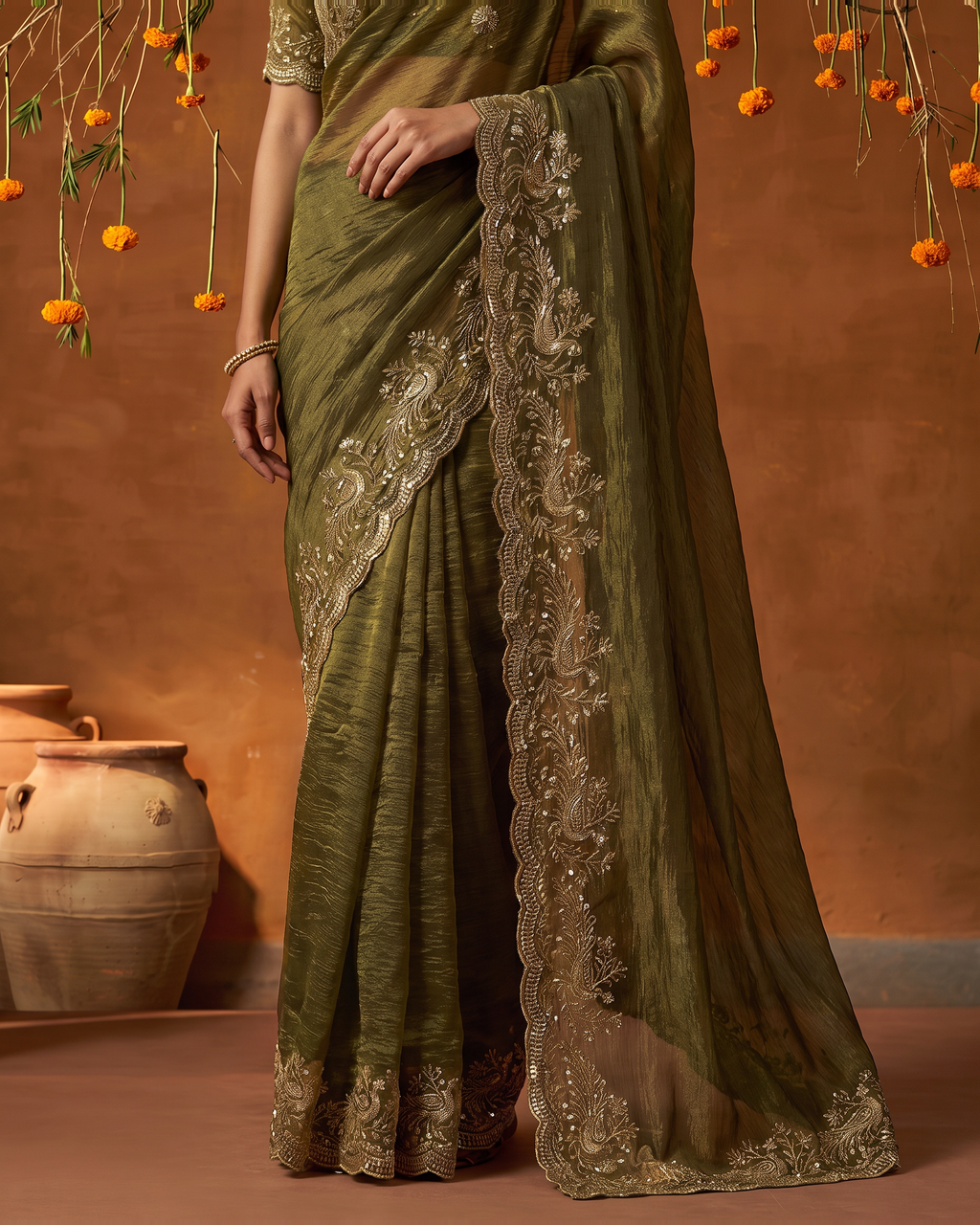 Sudeeksha Delicate Butti Festive Saree with Embroidered Edge - Mehendi - lower closeup