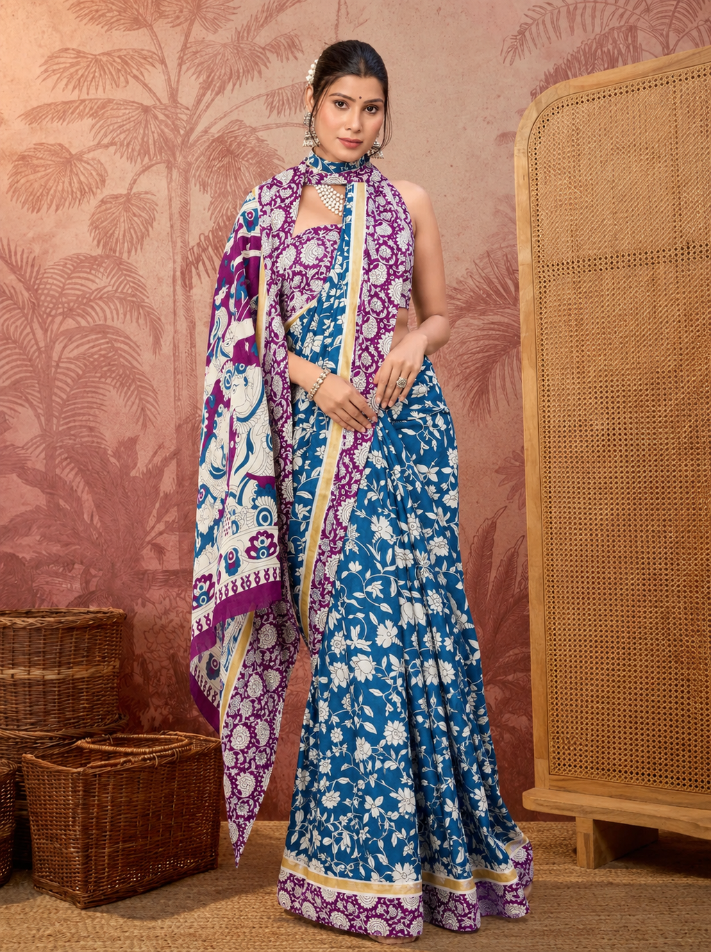Beige Mulmul Cotton Saree with Maroon Block Print