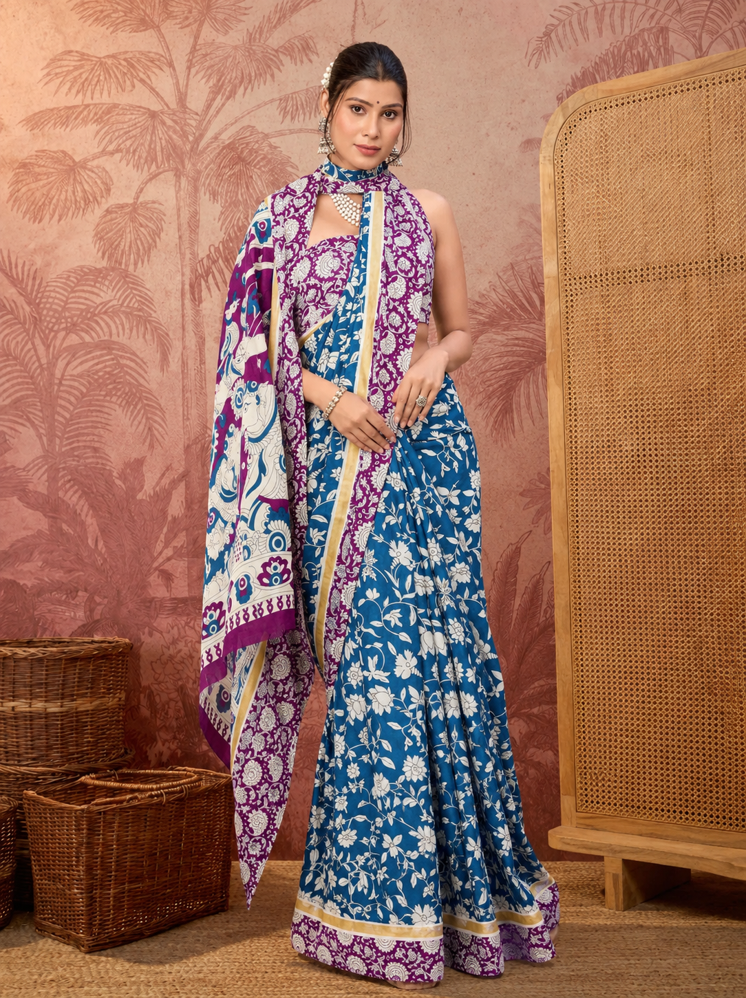 Beige Mulmul Cotton Saree with Maroon Block Print