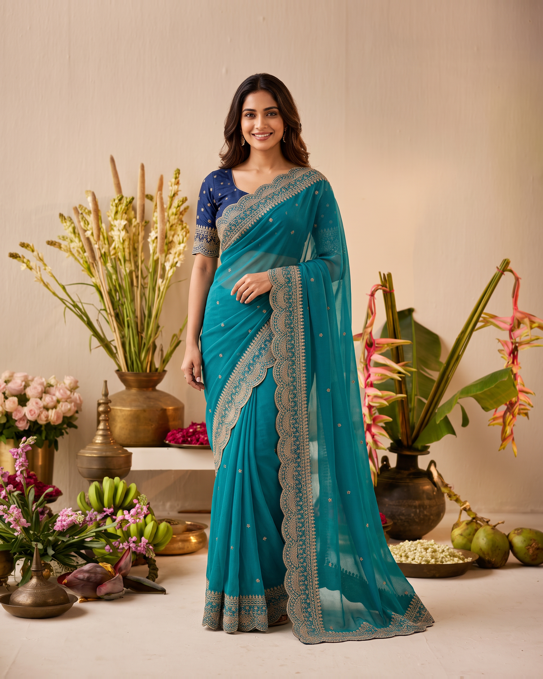 Inaya Star Butti Festive Saree with Fresh Designer Border - Aqua - full saree hero