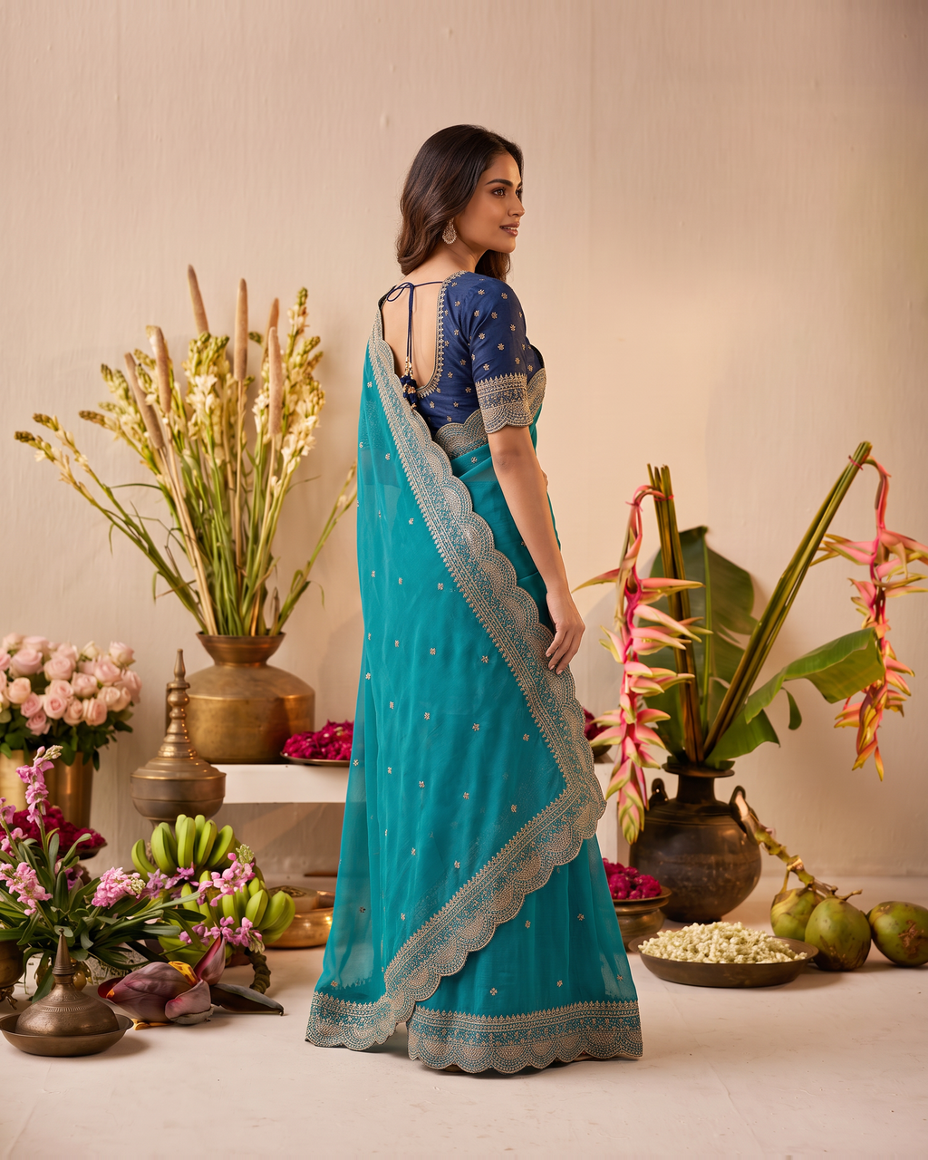 Inaya Star Butti Festive Saree with Fresh Designer Border - Aqua - side