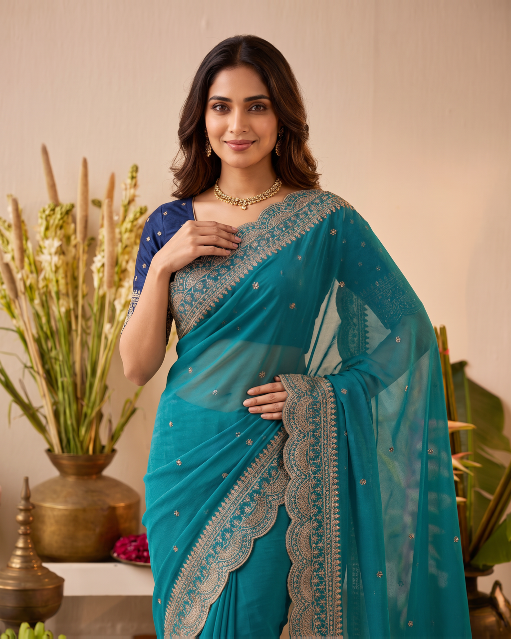Inaya Star Butti Festive Saree with Fresh Designer Border - Aqua - upper closeup