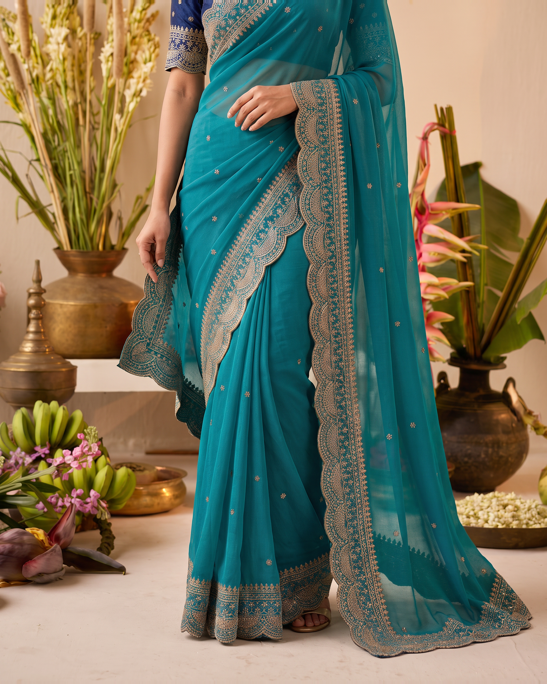 Inaya Star Butti Festive Saree with Fresh Designer Border - Aqua - lower closeup