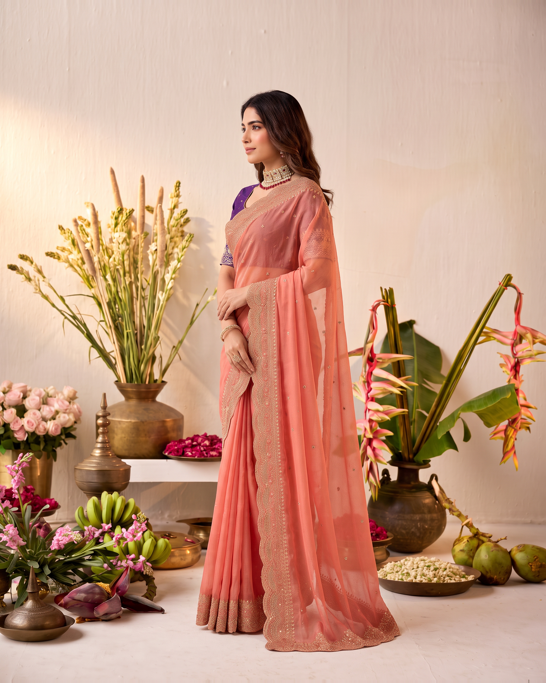 Inaya Star Butti Festive Saree with Fresh Designer Border - Coral - side