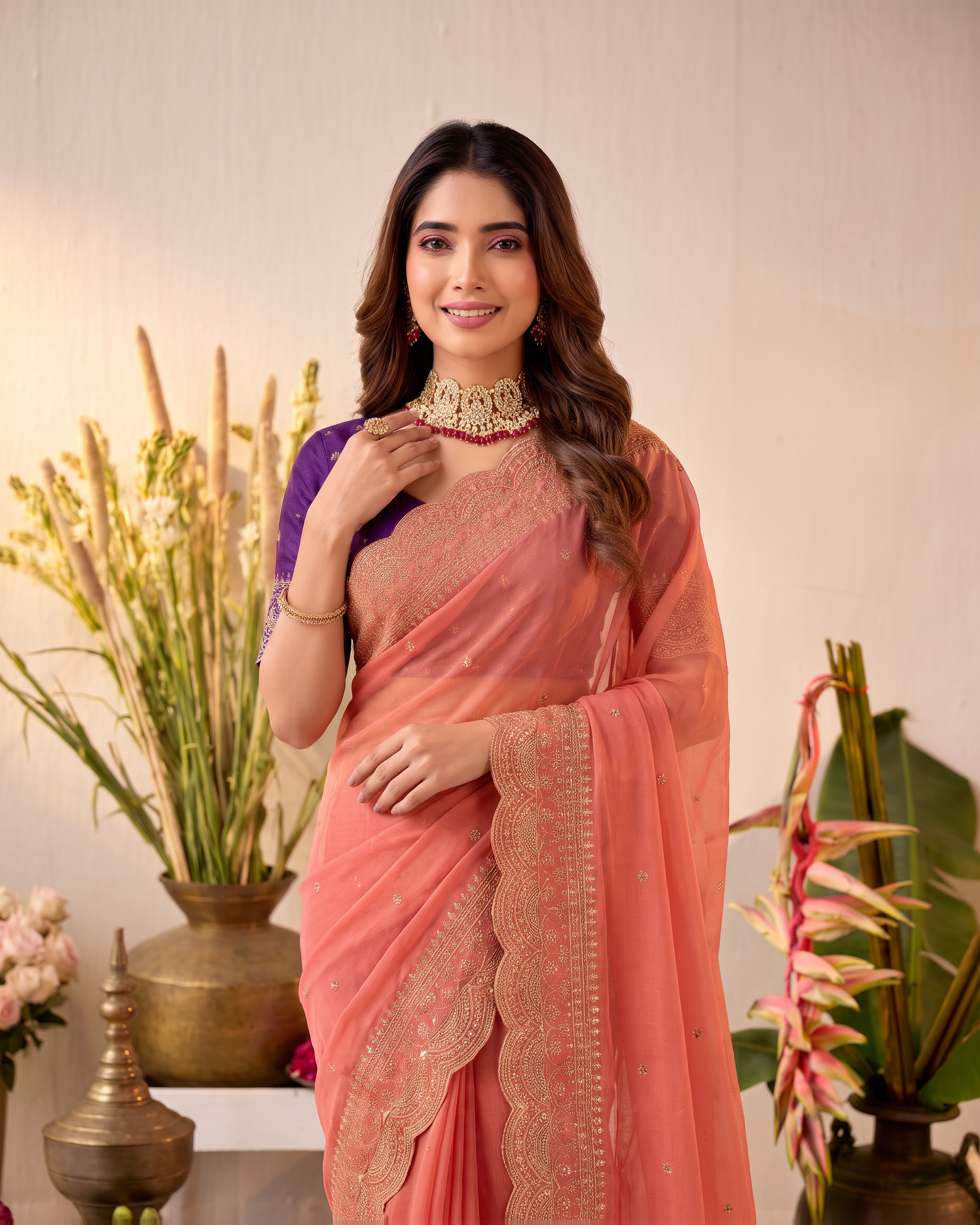 Inaya Star Butti Festive Saree with Fresh Designer Border - Coral - upper closeup