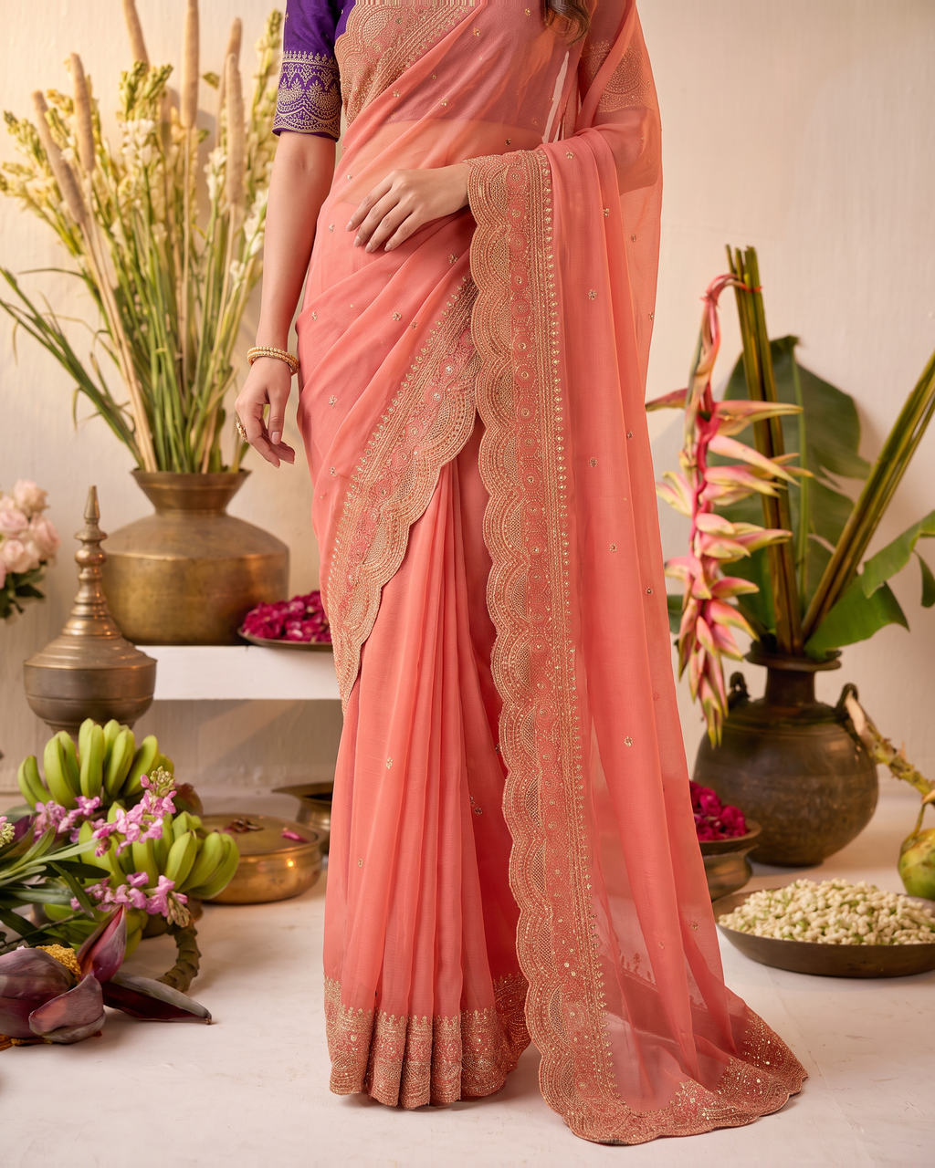 Inaya Star Butti Festive Saree with Fresh Designer Border - Coral - lower closeup