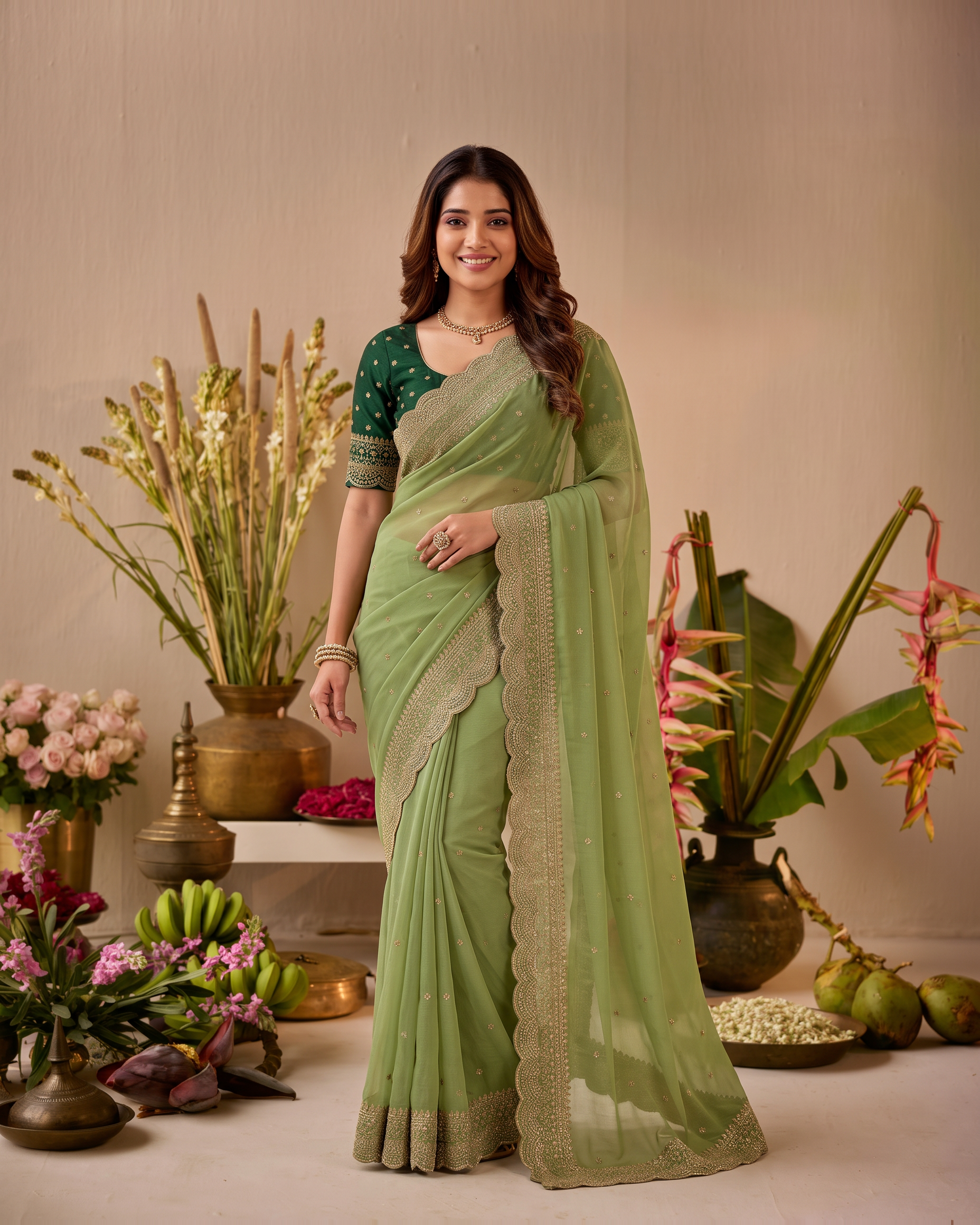 Inaya Star Butti Festive Saree with Fresh Designer Border - Green - full saree hero