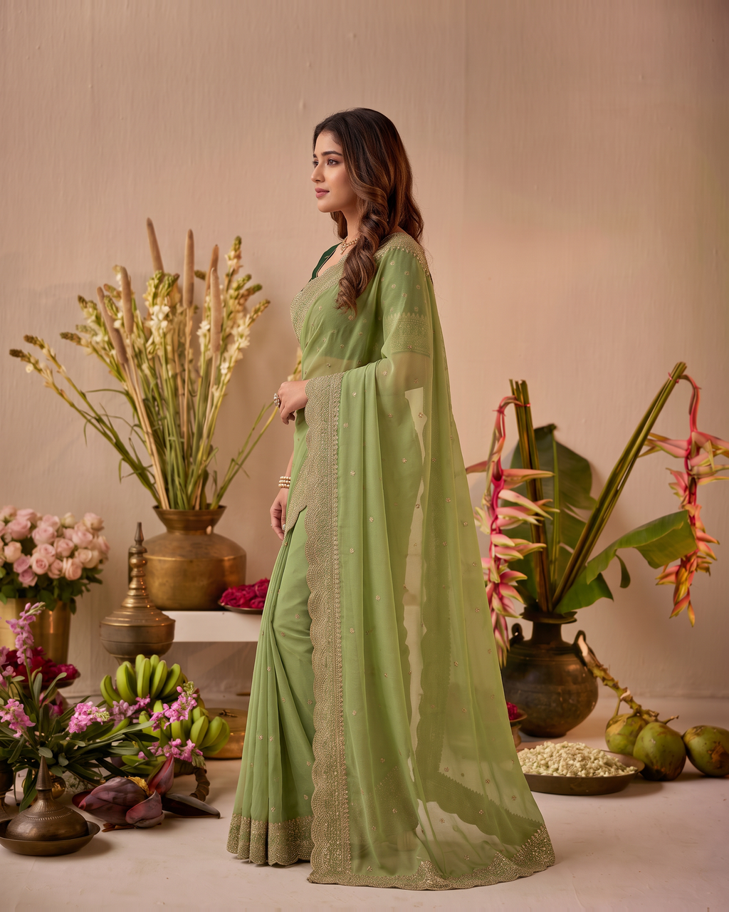 Inaya Star Butti Festive Saree with Fresh Designer Border - Green - side