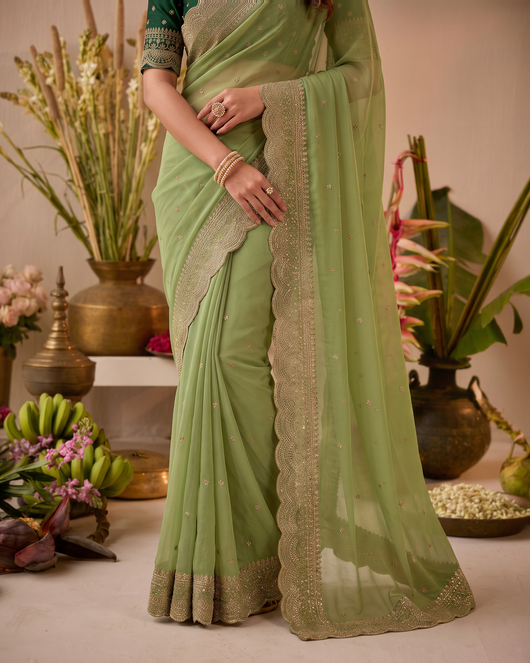 Inaya Star Butti Festive Saree with Fresh Designer Border - Green - lower closeup