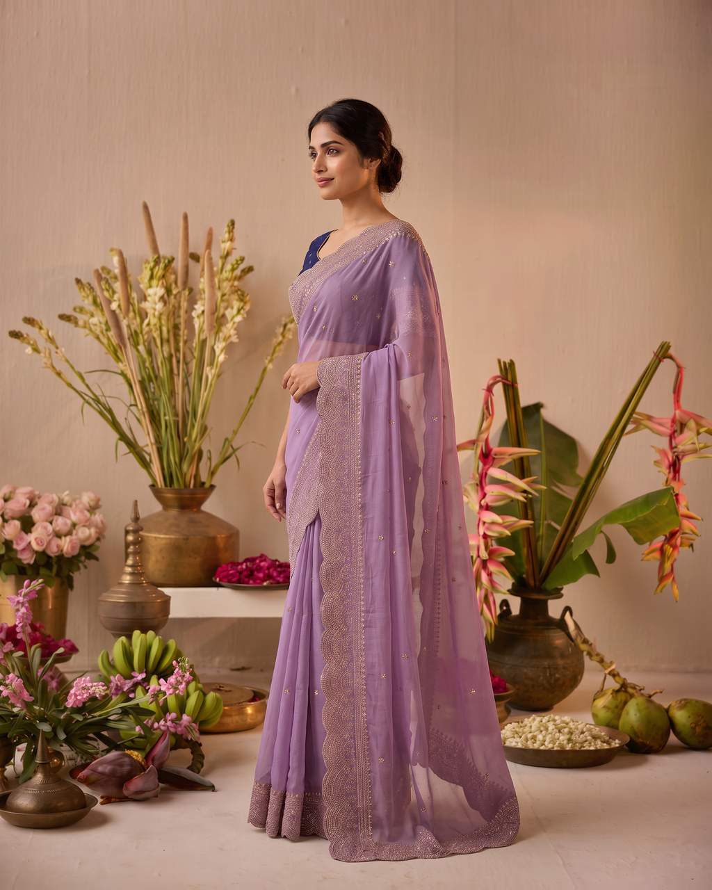 Inaya Star Butti Festive Saree with Fresh Designer Border - Lavender - side