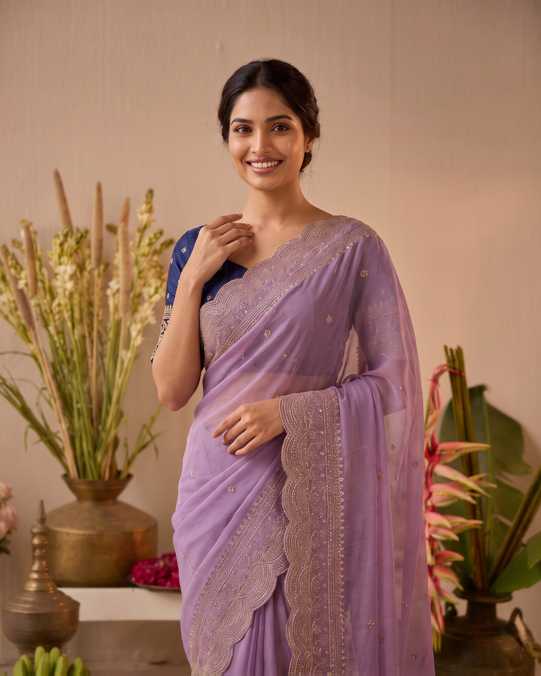 Inaya Star Butti Festive Saree with Fresh Designer Border - Lavender - upper closeup
