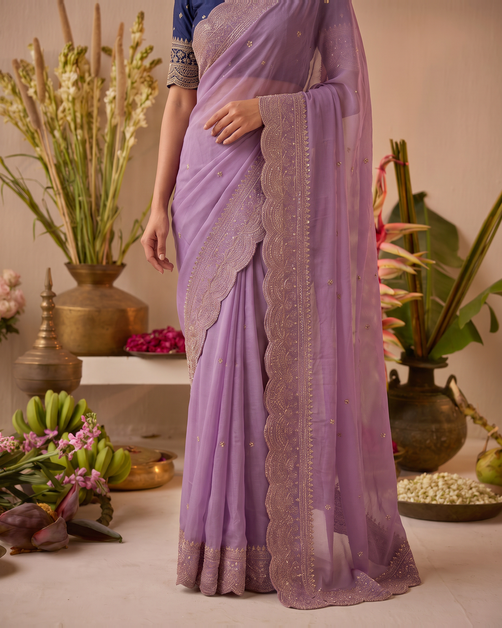 Inaya Star Butti Festive Saree with Fresh Designer Border - Lavender - lower closeup