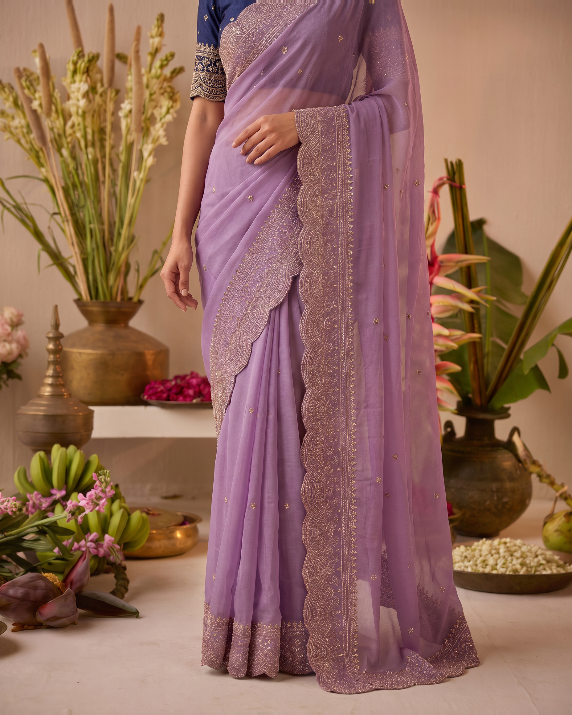 Inaya Star Butti Festive Saree with Fresh Designer Border - Lavender - lower closeup