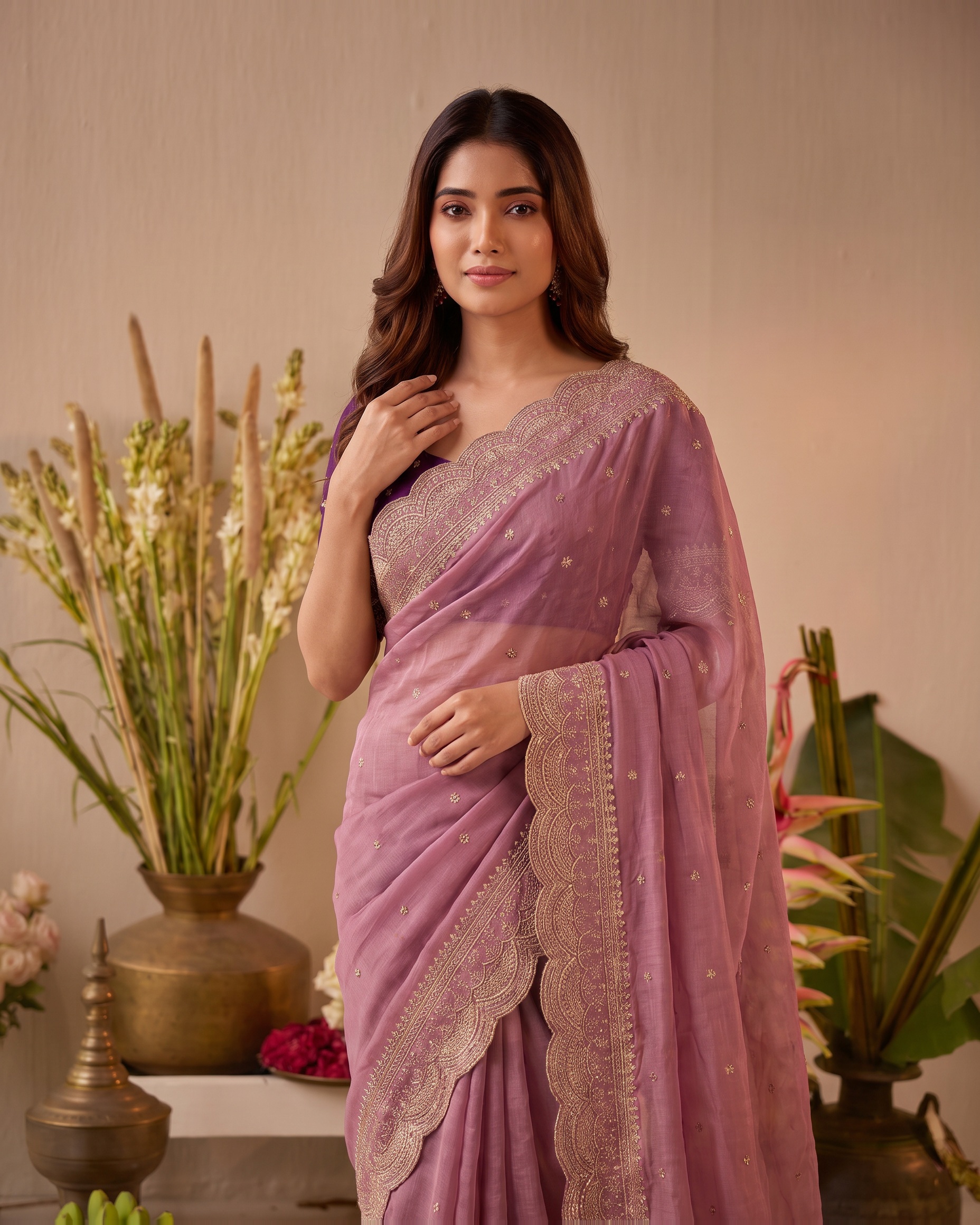 Inaya Star Butti Festive Saree with Fresh Designer Border - Mauve - upper closeup