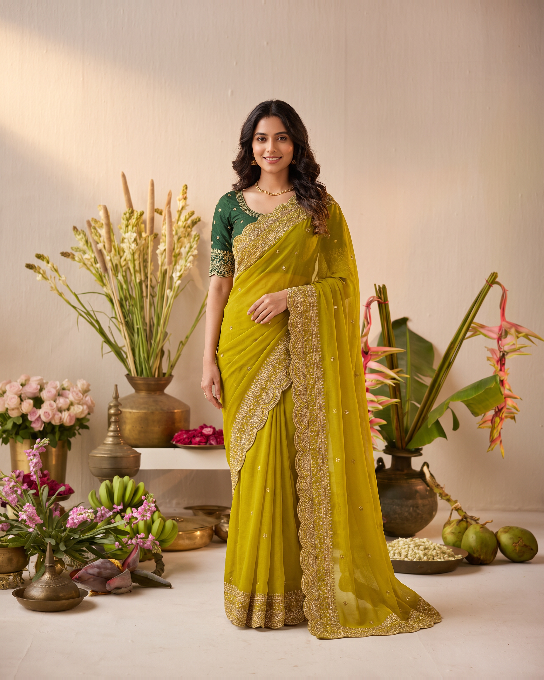 Inaya Star Butti Festive Saree with Fresh Designer Border - Mustard - full saree hero