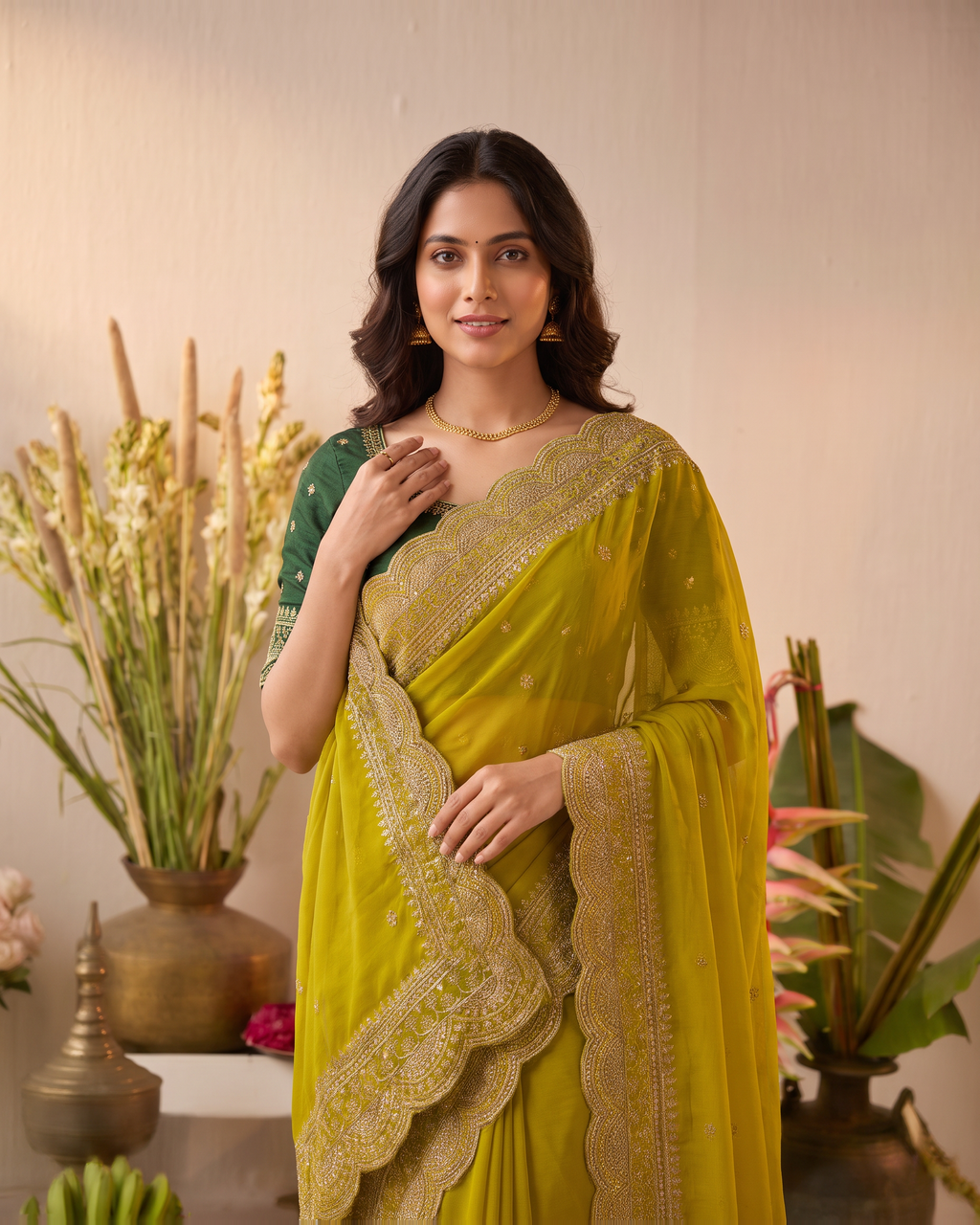 Inaya Star Butti Festive Saree with Fresh Designer Border - Mustard - upper closeup