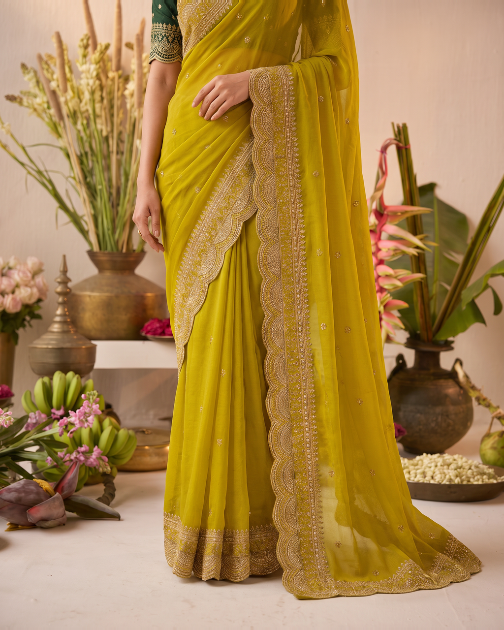 Inaya Star Butti Festive Saree with Fresh Designer Border - Mustard - lower closeup